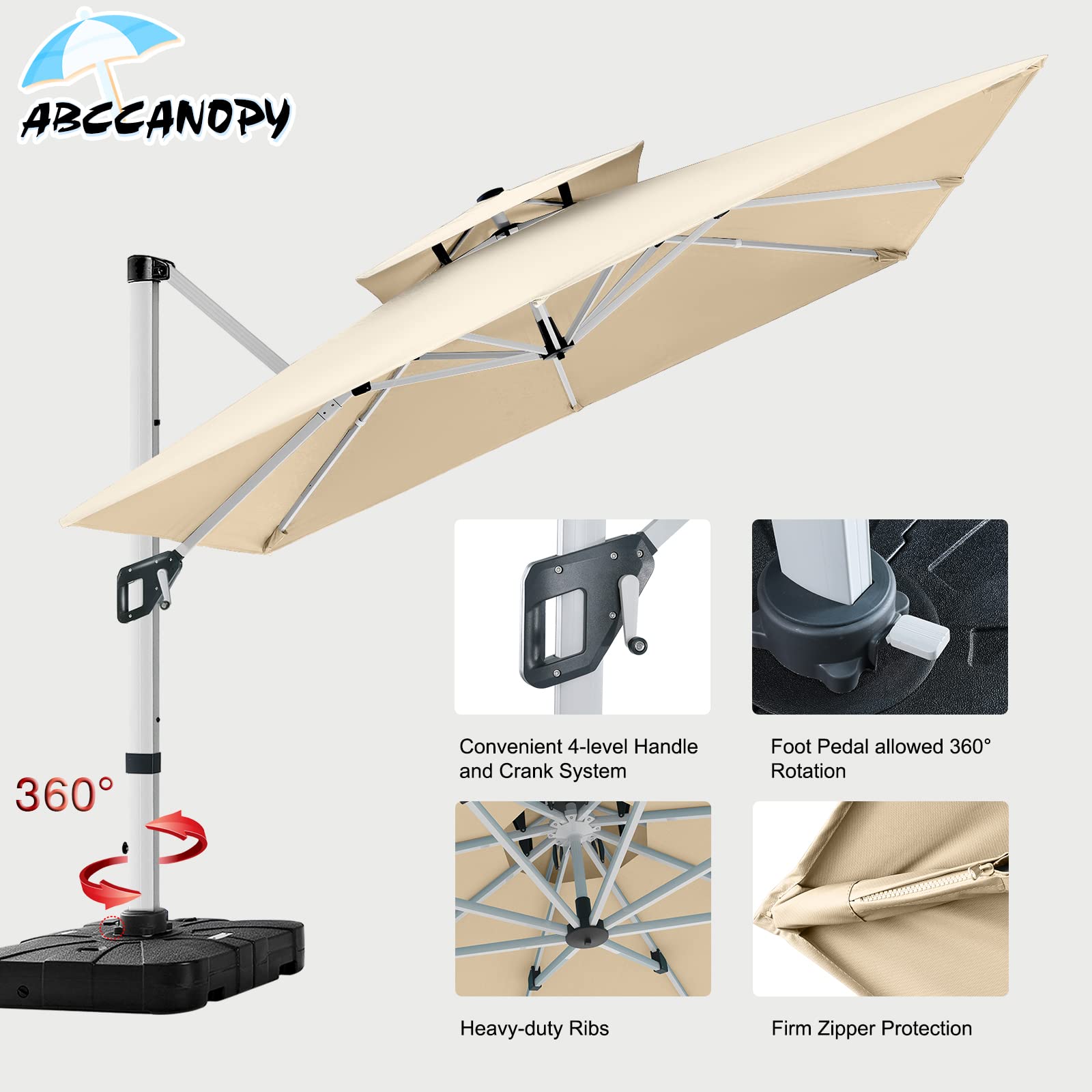 ABCCANOPY Patio Umbrella Cantilever Double Top Outdoor Offset Umbrella with 360° Rotation