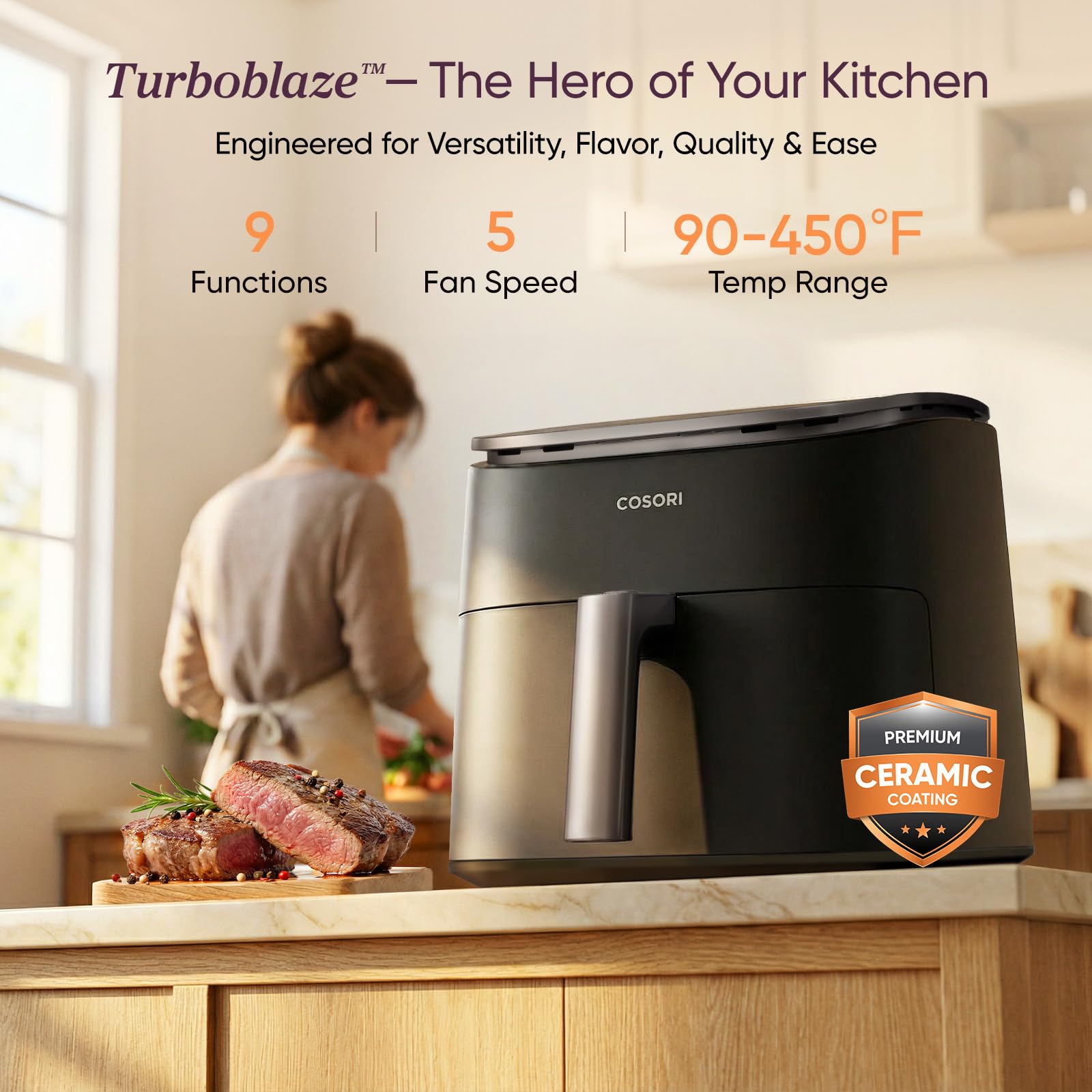 Cosori TurboBlaze Smart Air Fryer 6 Qt, Shake Reminders, 9-in-1, Cream