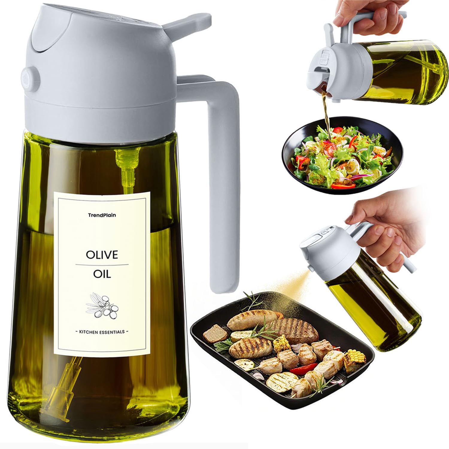 TrendPlain - Original 16oz/470ml Olive Oil Dispenser Bottle for Kitchen Gadgets and Air Fryer Accessories - Olive Oil Sprayer for Cooking w/Stickers - Black&Green