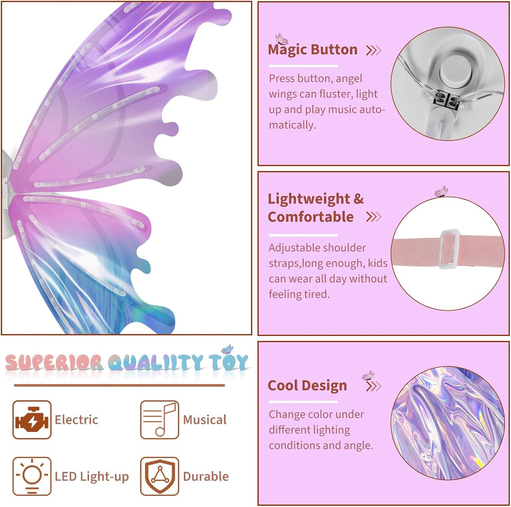 maysida Electric Fairy Wings for Girls, Light Up Moving Butterfly Wings with LED Lights and Music, Toy for Kids as Halloween Valentine Birthday Christmas Party Costume Princess Cosplay Dress Up Gift