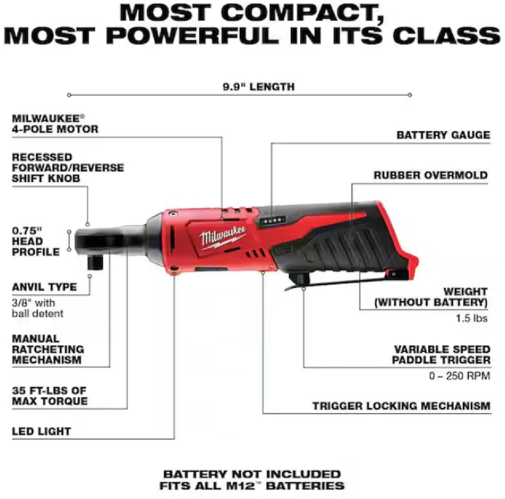 Milwaukee 2457-20 M12 Cordless 3/8" Sub-Compact 35 ft-Lbs 250 RPM Ratchet w/ Variable Speed Trigger