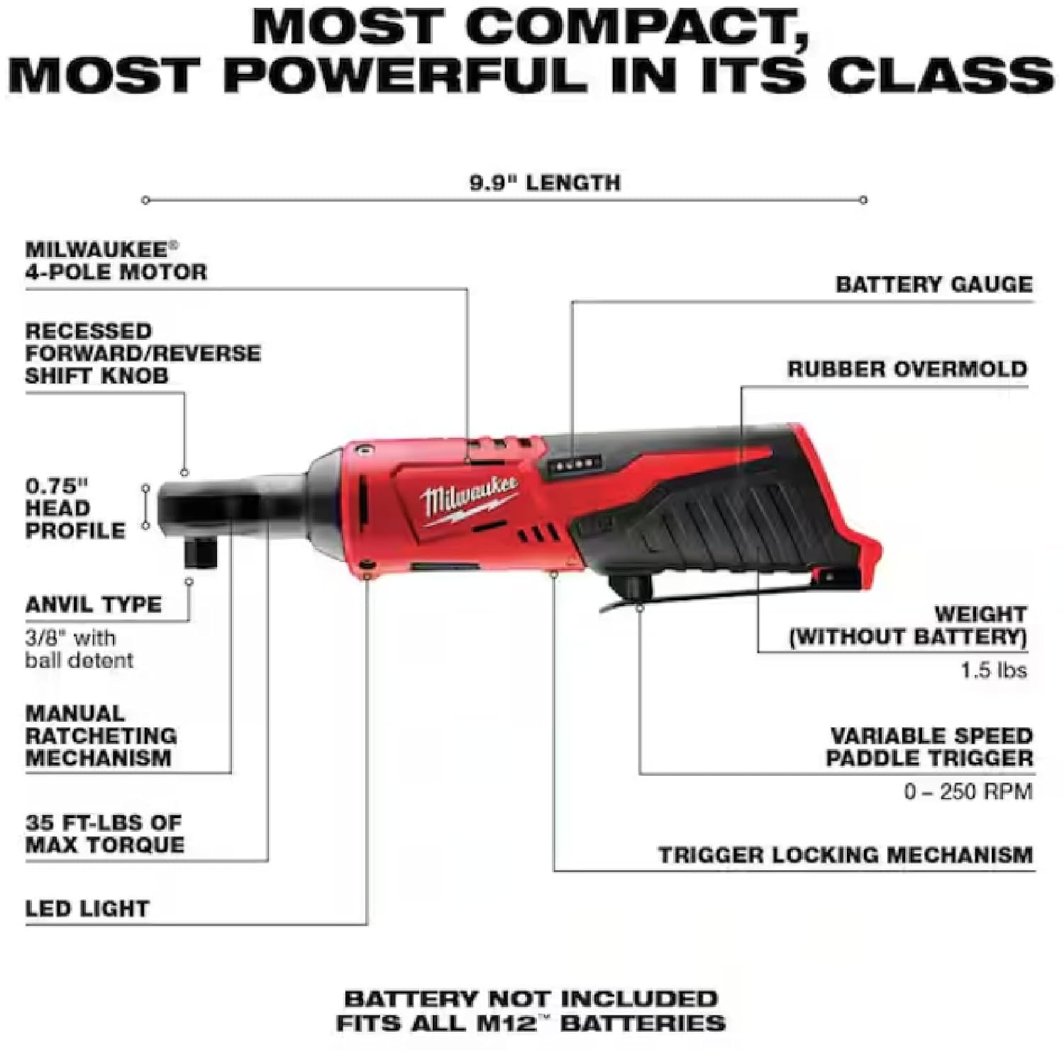 Milwaukee 2457-20 M12 Cordless 3/8" Sub-Compact 35 ft-Lbs 250 RPM Ratchet w/ Variable Speed Trigger