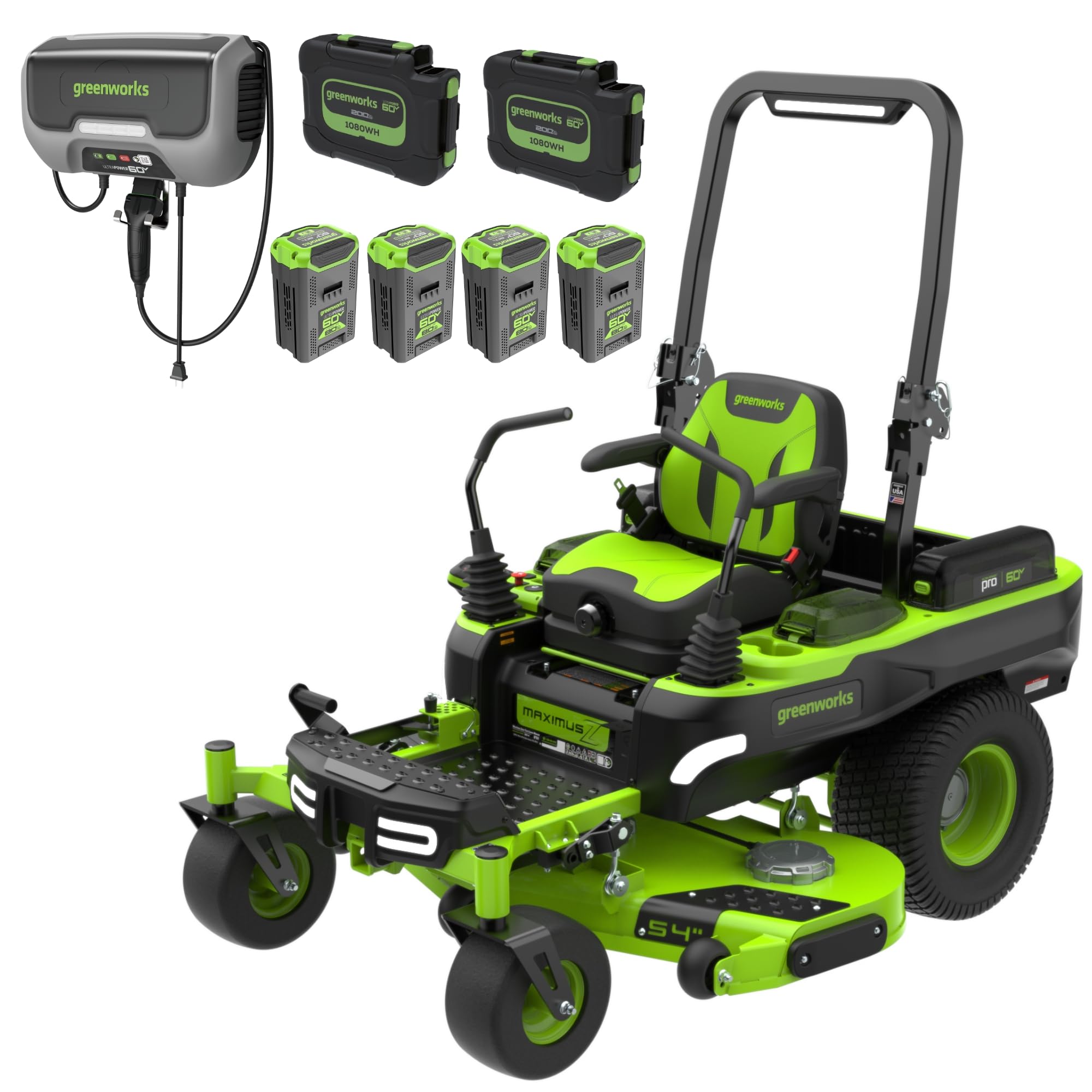 Greenworks 60V 30' Riding Lawn Mower (1.25 Acre, 16 HP Gas Equivalent, 6 MPH, Tow Up to 200 lbs.), (4) 8.0Ah Batteries (1,920 Wh Max) + Turbo Wall Charger