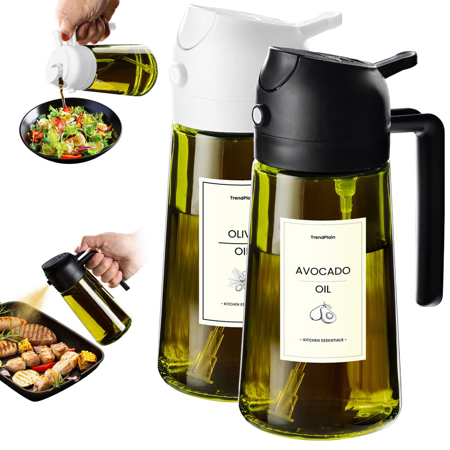 TrendPlain - Original 16oz/470ml Olive Oil Dispenser Bottle for Kitchen Gadgets and Air Fryer Accessories - Olive Oil Sprayer for Cooking w/Stickers - Black&Green
