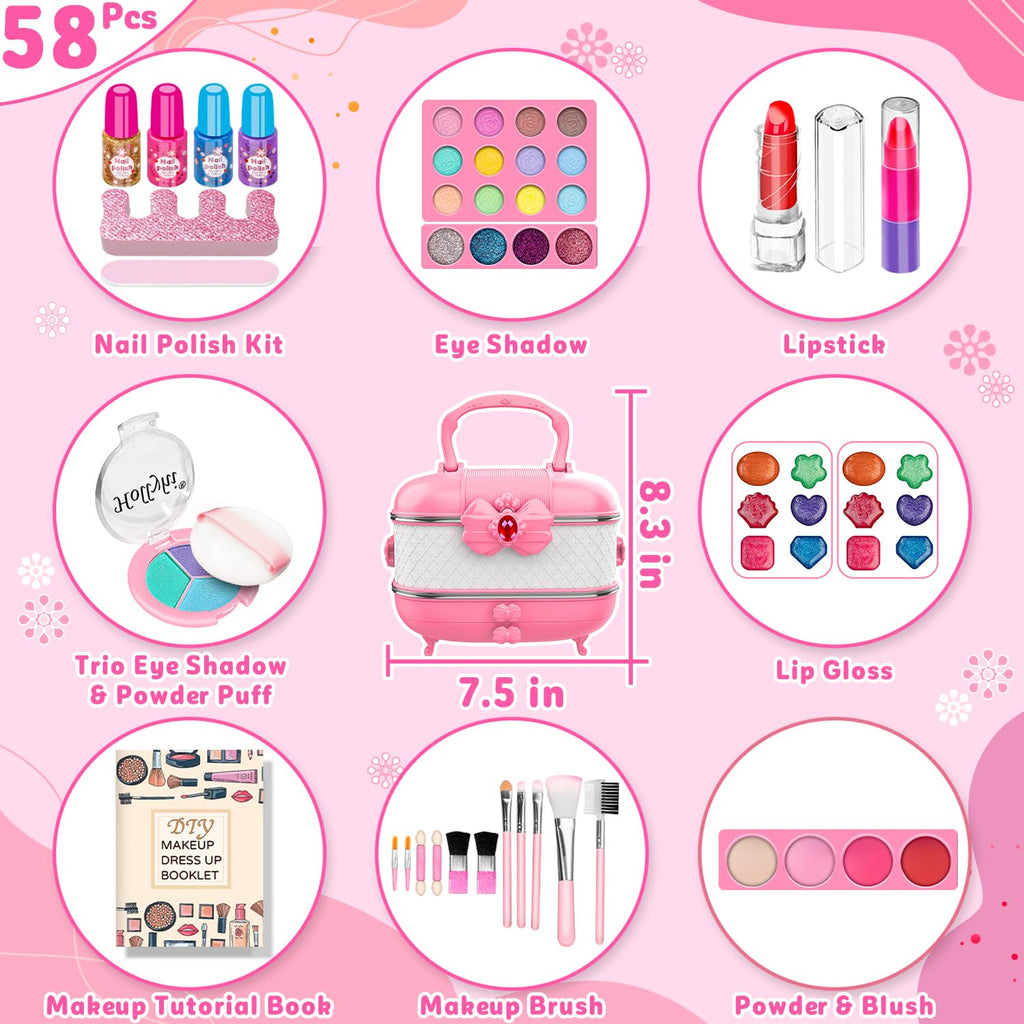 Hollyhi 58 Pcs Kids Makeup Toys Kit for Girls, Real Washable Make Up Set