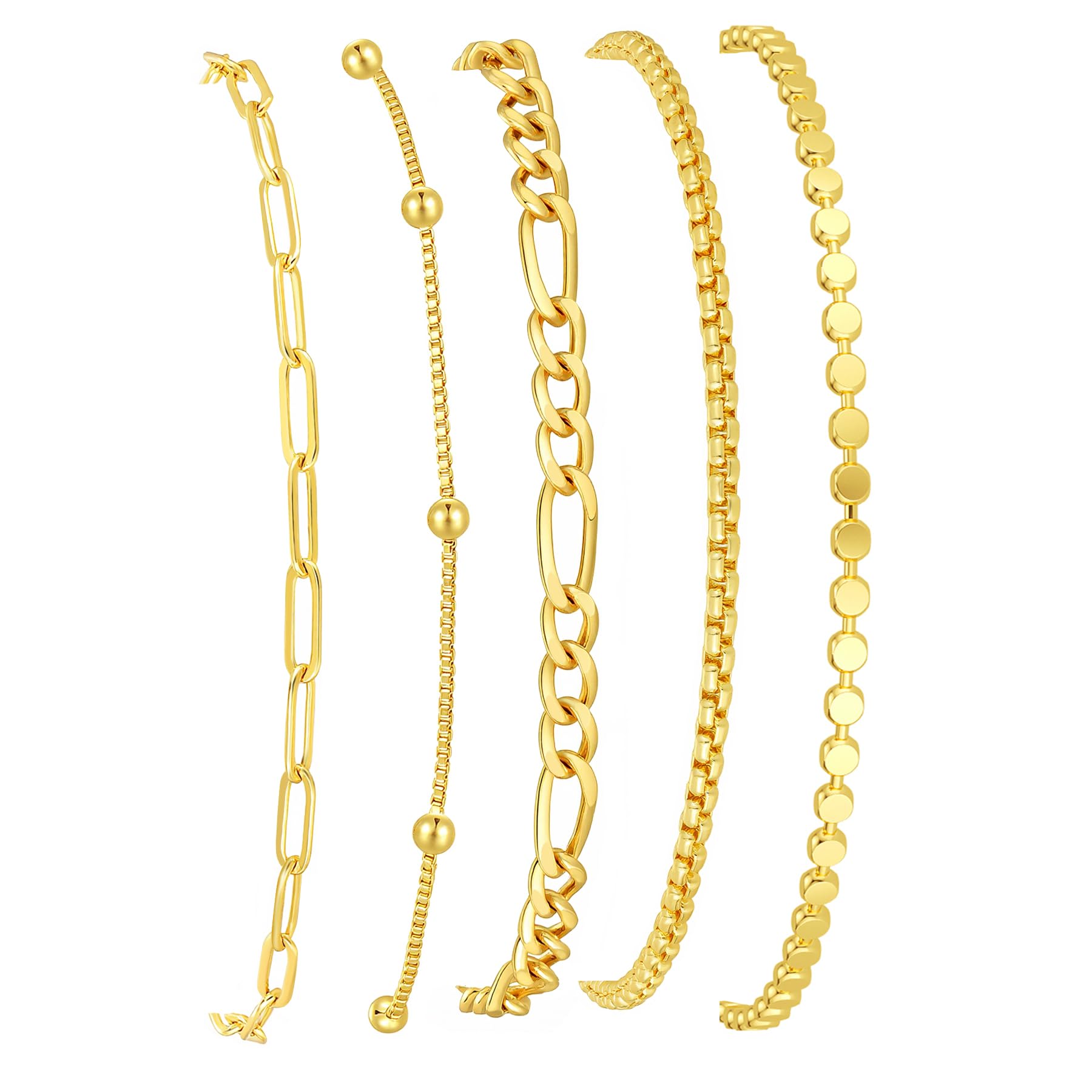 Gold Bracelets for Women, 14K Gold Plated Stackable Bracelet Stack Set Adjustable Charm Paperclip Chain Snake Link Layered Waterproof Jewelry Sets Gifts