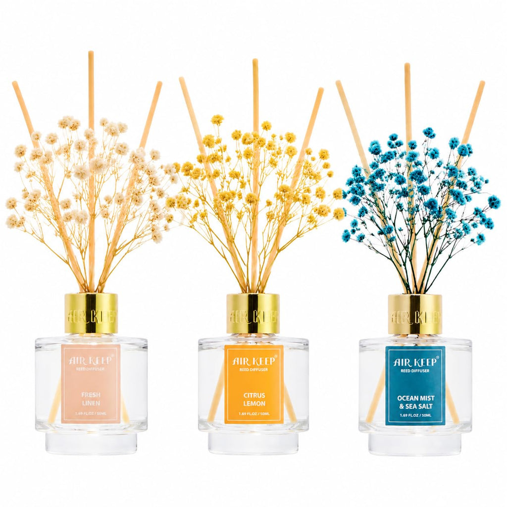 Airkeep Reed Diffuser Set of 3,Clean Linen Ocean Mist&Sea Salt Lavender Eucalyptus Oil Reed Diffusers for Bedroom Living Room Office Aromatherapy Oil Reed Diffuser for Gift 50ml x 3