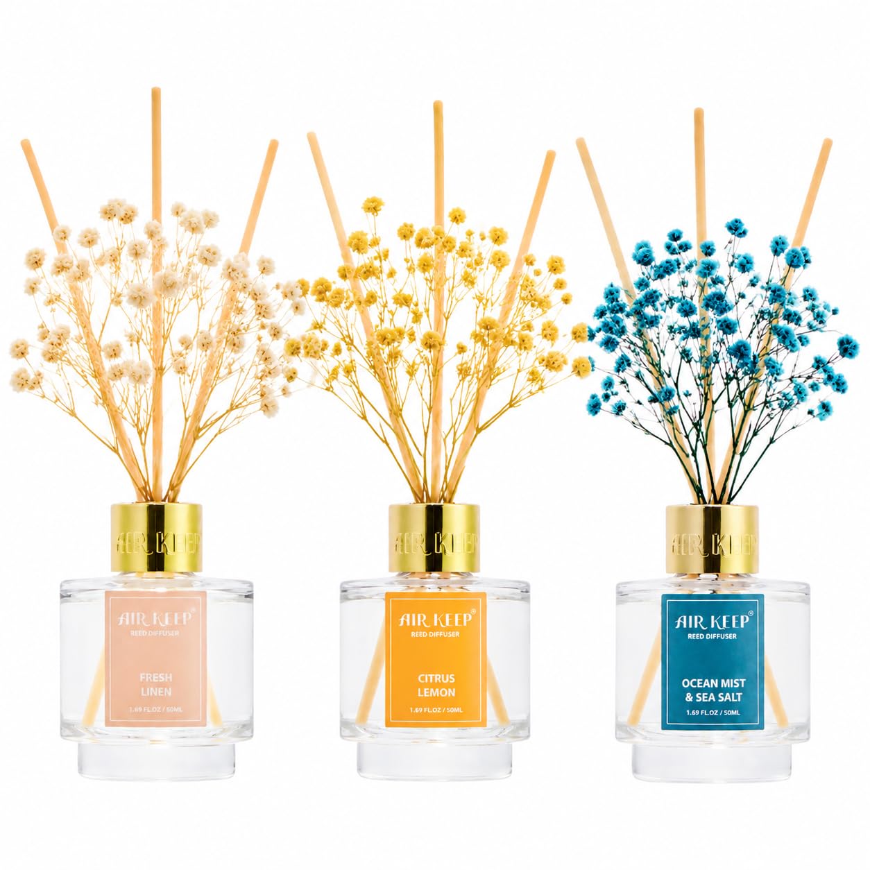 Airkeep Reed Diffuser Set of 3,Clean Linen Ocean Mist&Sea Salt Lavender Eucalyptus Oil Reed Diffusers for Bedroom Living Room Office Aromatherapy Oil Reed Diffuser for Gift 50ml x 3