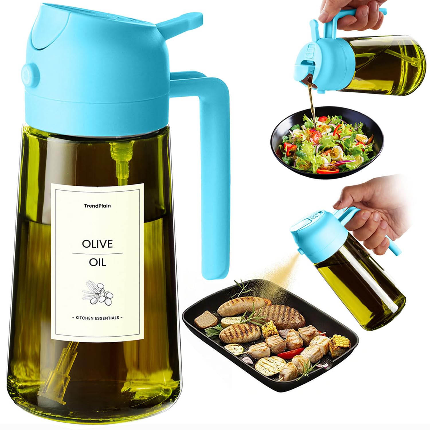 TrendPlain - Original 16oz/470ml Olive Oil Dispenser Bottle for Kitchen Gadgets and Air Fryer Accessories - Olive Oil Sprayer for Cooking w/Stickers - Black&Green