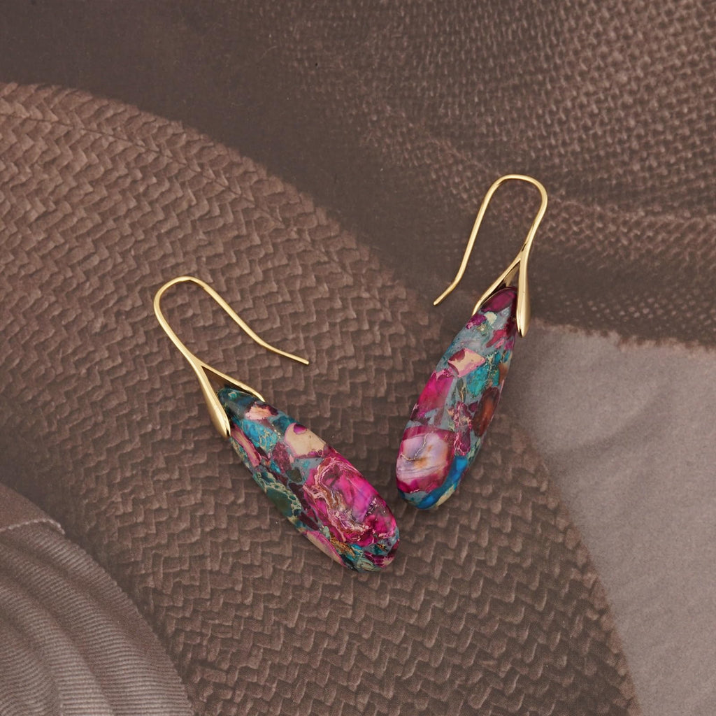 Sriomu Natural Healing Stone Fishhoop Dangle Drop Earrings Statement Gold silver earrings