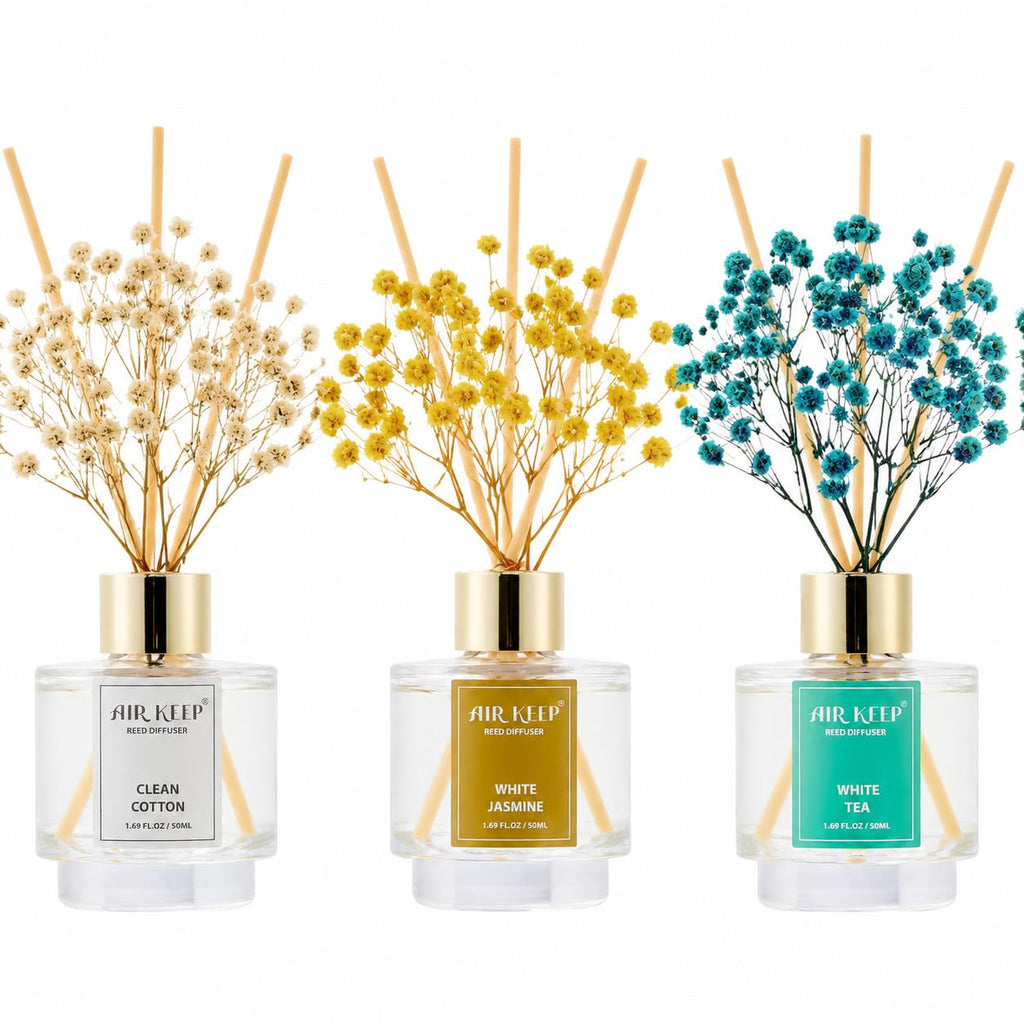 Airkeep Reed Diffuser Set of 3,Clean Linen Ocean Mist&Sea Salt Lavender Eucalyptus Oil Reed Diffusers for Bedroom Living Room Office Aromatherapy Oil Reed Diffuser for Gift 50ml x 3