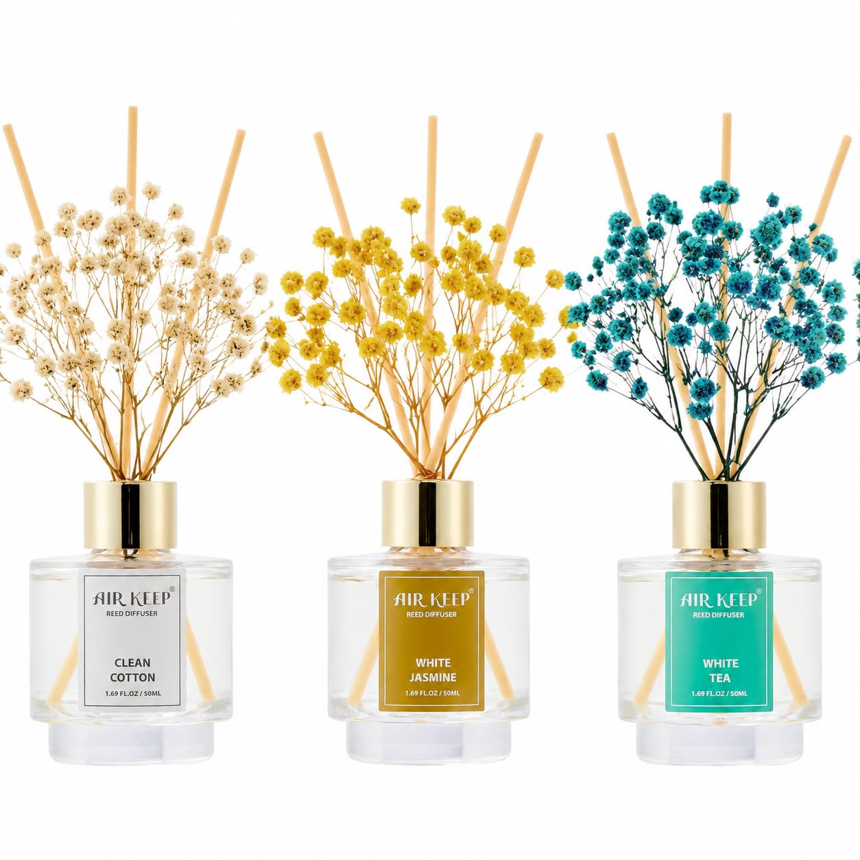 Airkeep Reed Diffuser Set of 3,Clean Linen Ocean Mist&Sea Salt Lavender Eucalyptus Oil Reed Diffusers for Bedroom Living Room Office Aromatherapy Oil Reed Diffuser for Gift 50ml x 3