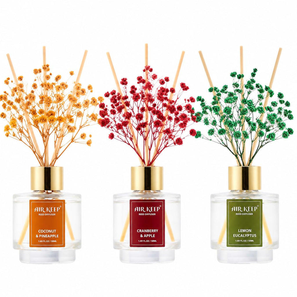 Airkeep Reed Diffuser Set of 3,Clean Linen Ocean Mist&Sea Salt Lavender Eucalyptus Oil Reed Diffusers for Bedroom Living Room Office Aromatherapy Oil Reed Diffuser for Gift 50ml x 3