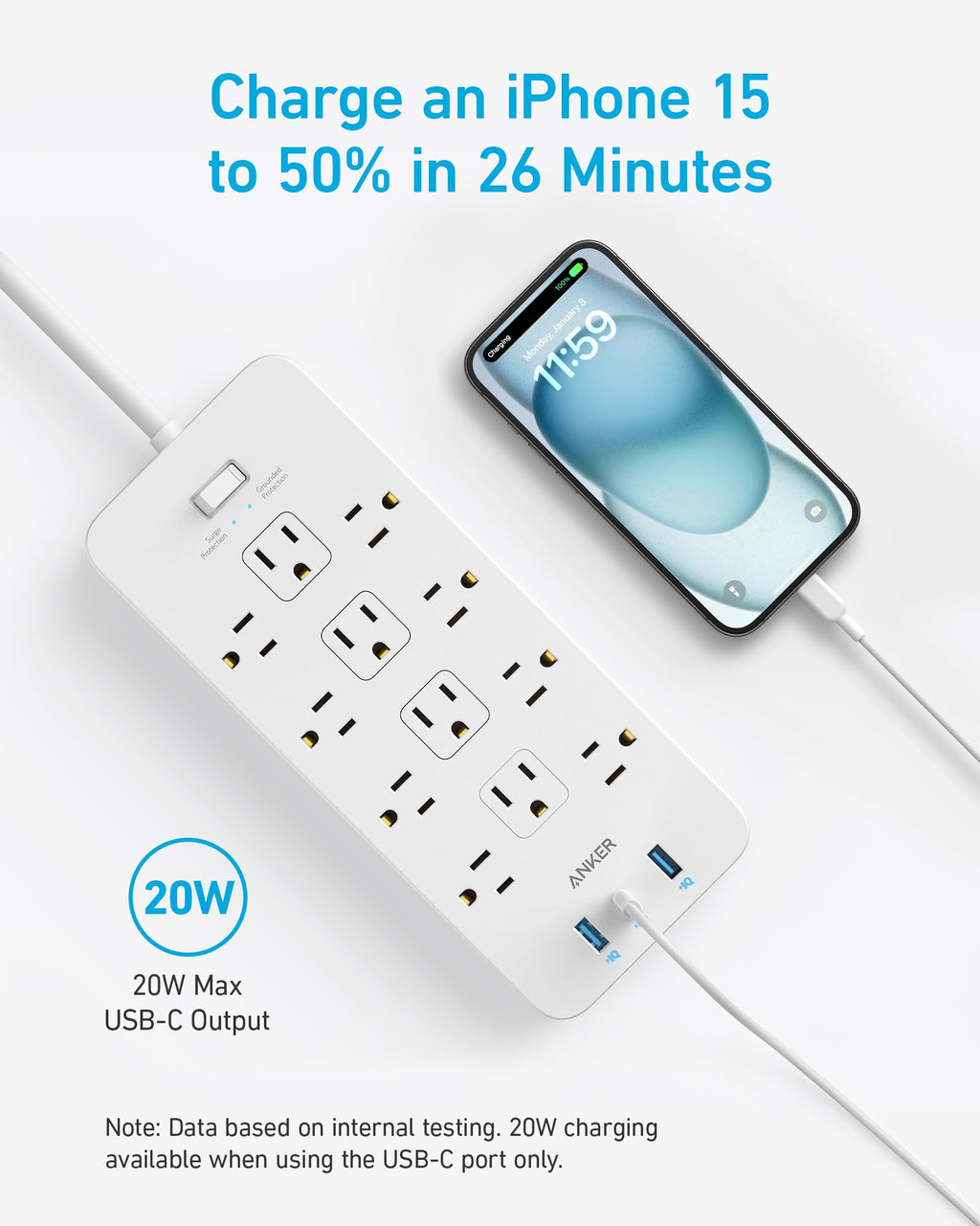 Anker Power Strip with 2100J Surge Protector, Outlet Extender, 20W, 12 AC