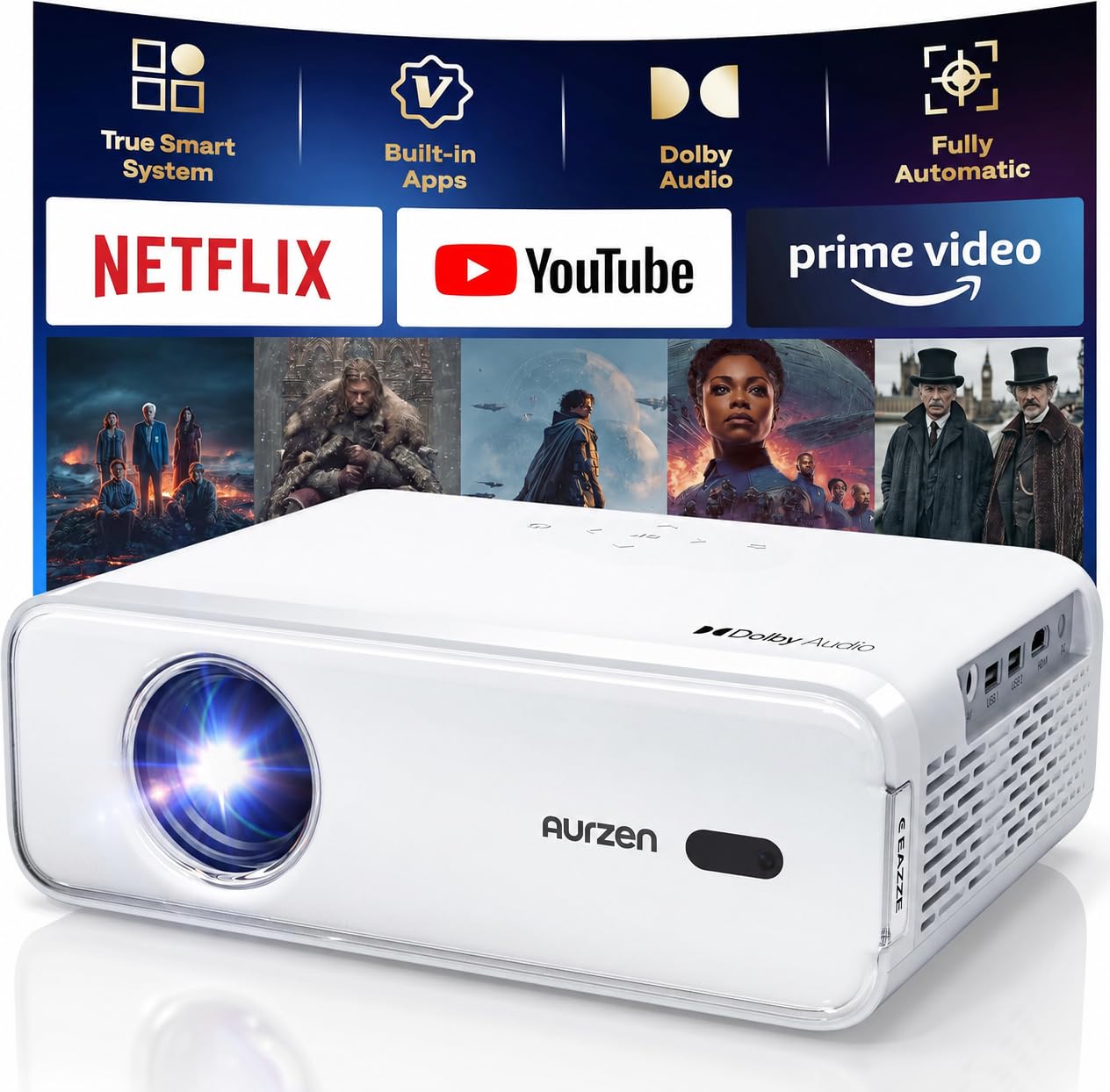 Aurzen Roku TV D1R Smart Portable Outdoor Projector with WiFi and Bluetooth
