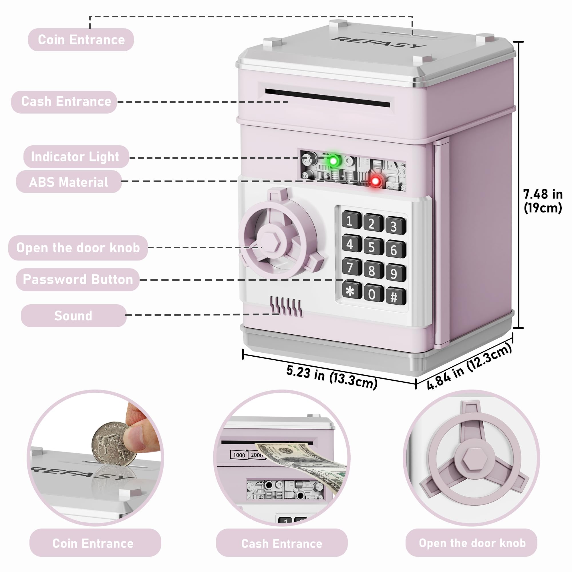 Refasy Piggy Bank Cash Coin Can ATM Bank Electronic Coin Money Bank for Kids Age 3-12, Money Savings Box Mini ATM Coin Bank Toys Gifts for 3 4 5 6 7 8 9 10 11 12 Year Old Boys Girls