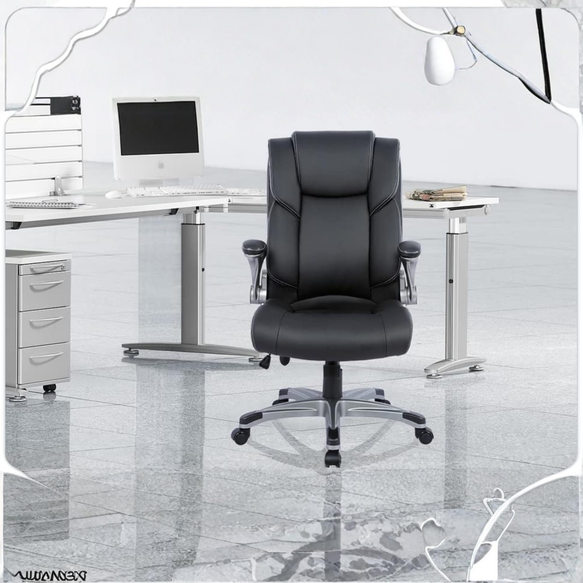 COLAMY High Back Executive Office Chair - Padded Leather Ergonomic Computer Desk Chair with Inflatable Lumbar Support & Flip-Up Arms, Adjustable Tilt Lock Swivel Task Chair for Home Office, Black
