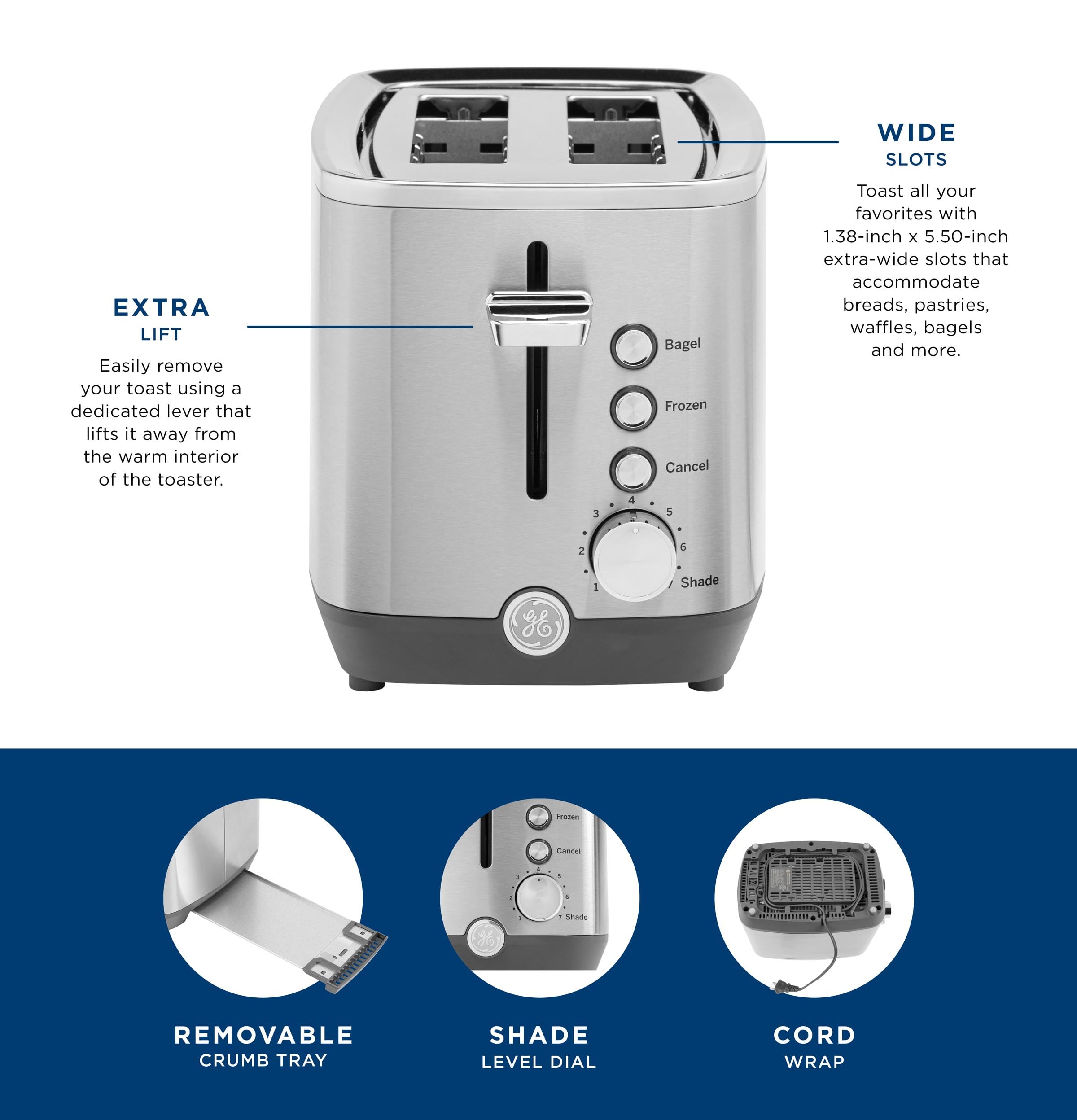 GE 4 Slice Toaster | Extra Wide Slots for Bagels, Breads, Waffles & More | 7 Shade Options | Countertop Kitchen Essentials | 1500 watt, White