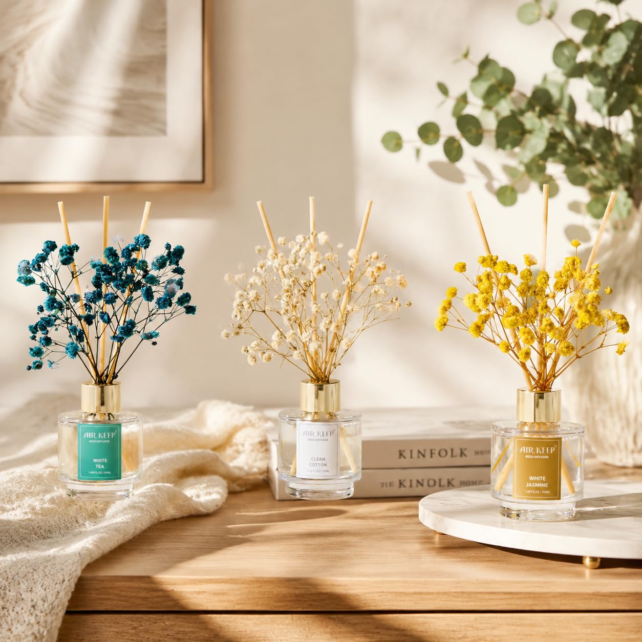 Airkeep Reed Diffuser Set of 3,Clean Linen Ocean Mist&Sea Salt Lavender Eucalyptus Oil Reed Diffusers for Bedroom Living Room Office Aromatherapy Oil Reed Diffuser for Gift 50ml x 3