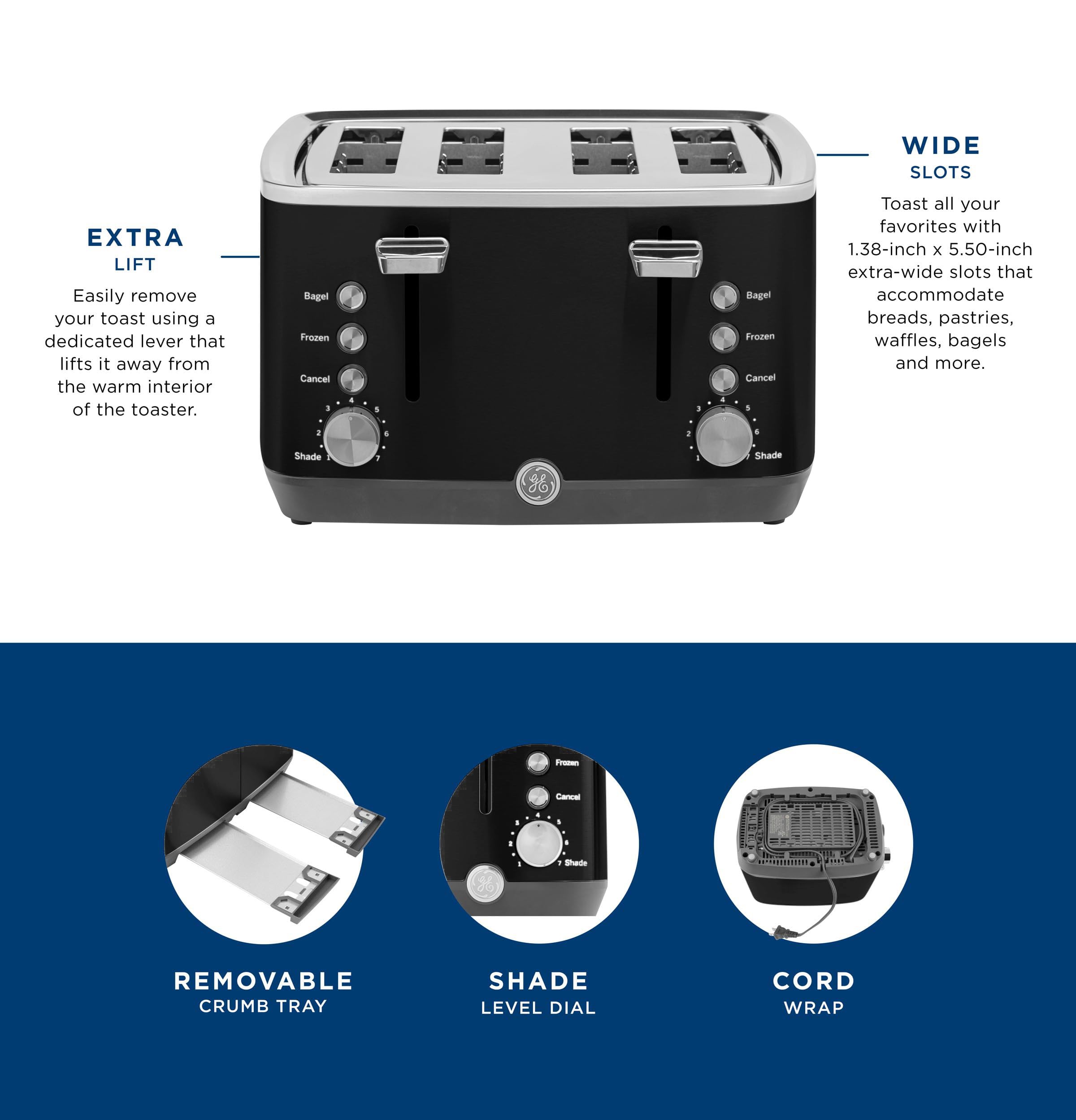 GE 4 Slice Toaster | Extra Wide Slots for Bagels, Breads, Waffles & More | 7 Shade Options | Countertop Kitchen Essentials | 1500 watt, White