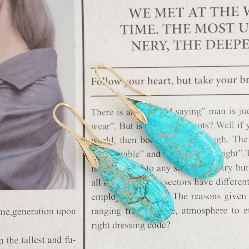 Sriomu Natural Healing Stone Fishhoop Dangle Drop Earrings Statement Gold silver earrings