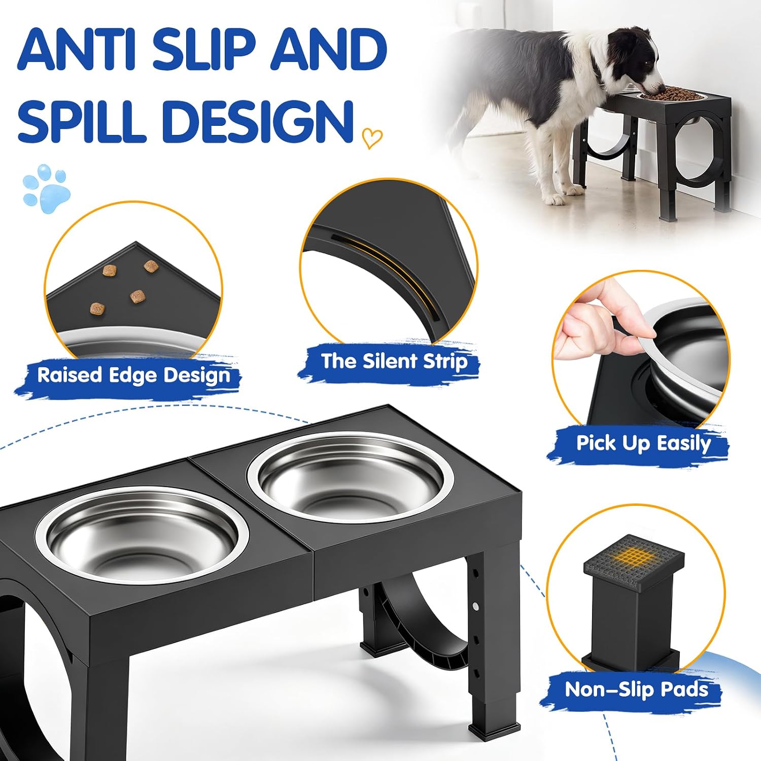 XIAZ Elevated Dog Bowls Large Breed Raised Dogs Bowl Stand Large/Medium Sized Dog Stainless Steel Food Water Bowl Stands 5 Heights Adjustable 9/11/12/14in Black Pet Feeder Dish Station
