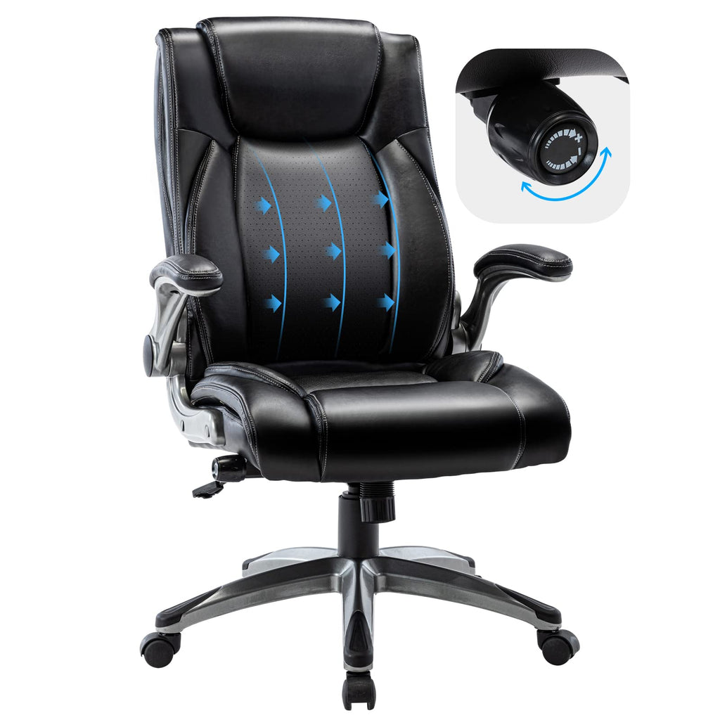 COLAMY High Back Executive Office Chair - Padded Leather Ergonomic Computer Desk Chair with Inflatable Lumbar Support & Flip-Up Arms, Adjustable Tilt Lock Swivel Task Chair for Home Office, Black