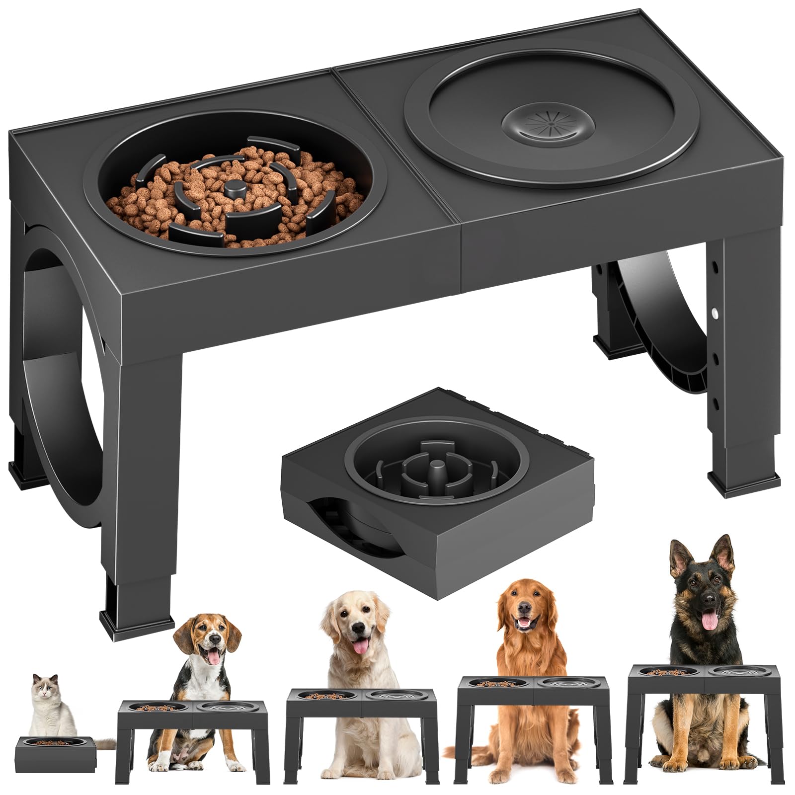XIAZ Elevated Dog Bowls Large Breed Raised Dogs Bowl Stand Large/Medium Sized Dog Stainless Steel Food Water Bowl Stands 5 Heights Adjustable 9/11/12/14in Black Pet Feeder Dish Station