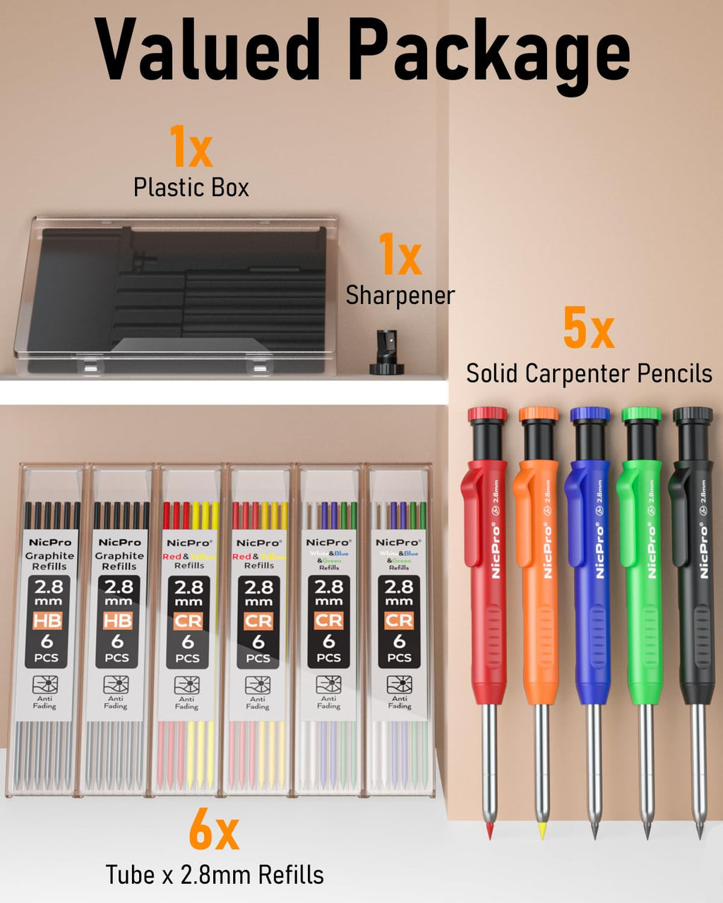 Nicpro Carpenter Pencils with Sharpener, Mechanical Pencil for Construction