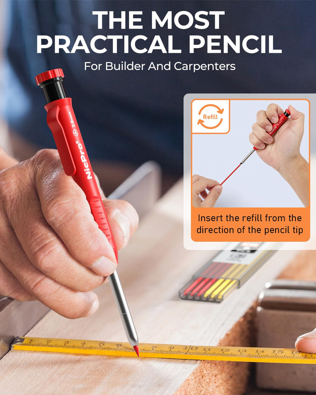 Nicpro Carpenter Pencils with Sharpener, Mechanical Pencil for Construction