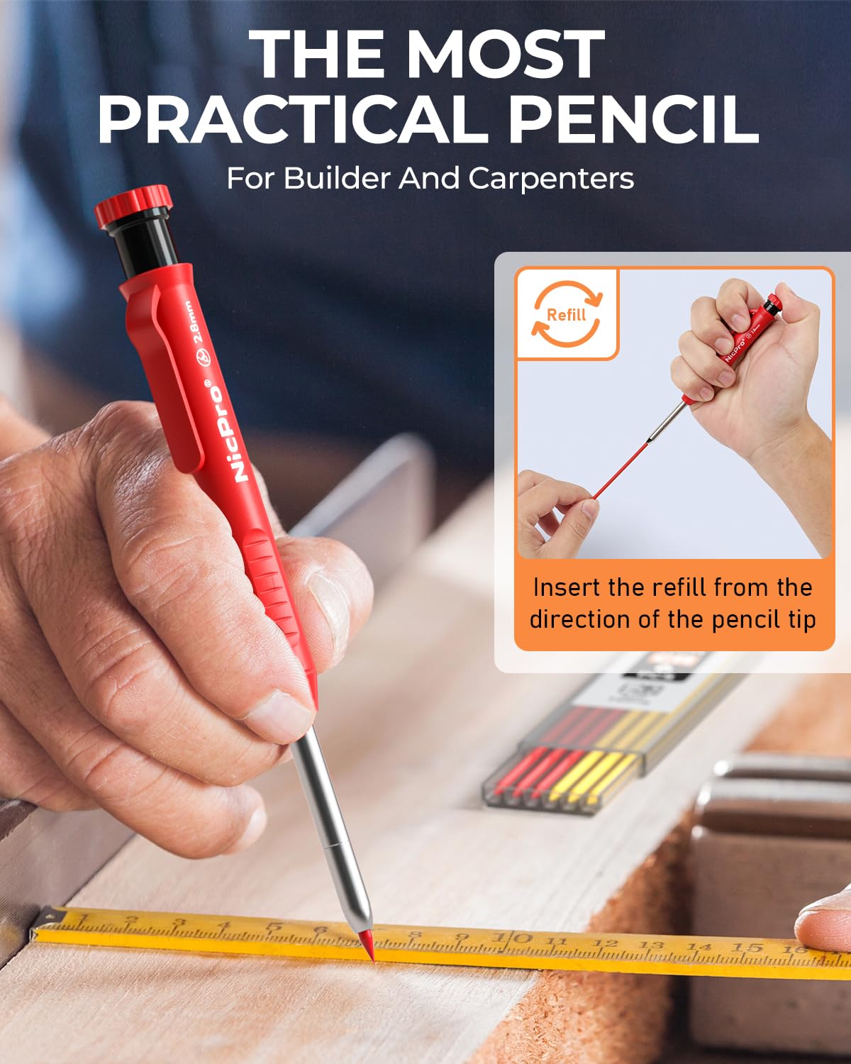 Nicpro Carpenter Pencils with Sharpener, Mechanical Pencil for Construction