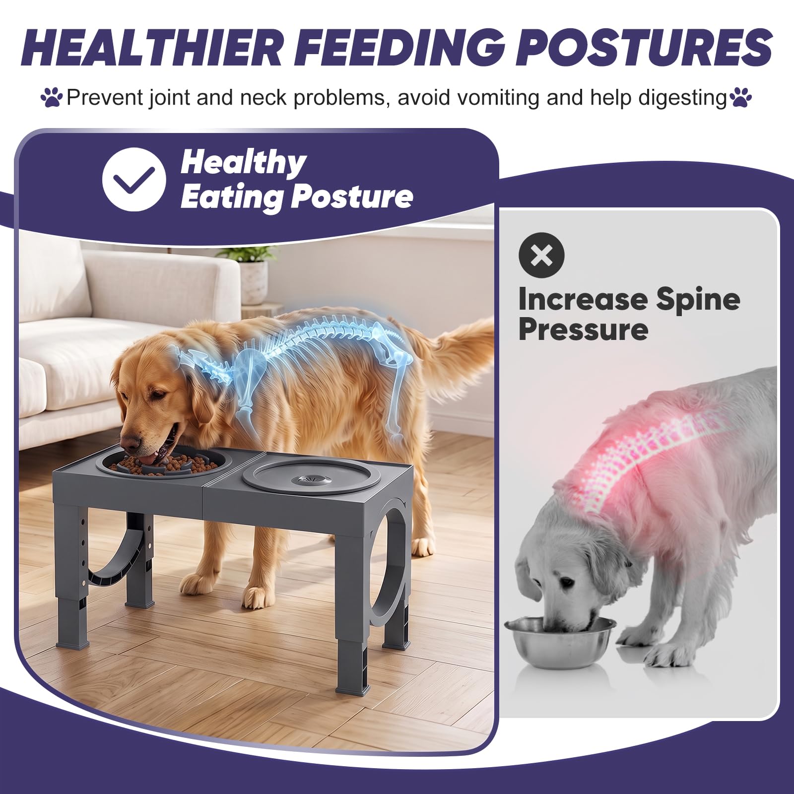 XIAZ Elevated Dog Bowls Large Breed Raised Dogs Bowl Stand Large/Medium Sized Dog Stainless Steel Food Water Bowl Stands 5 Heights Adjustable 9/11/12/14in Black Pet Feeder Dish Station