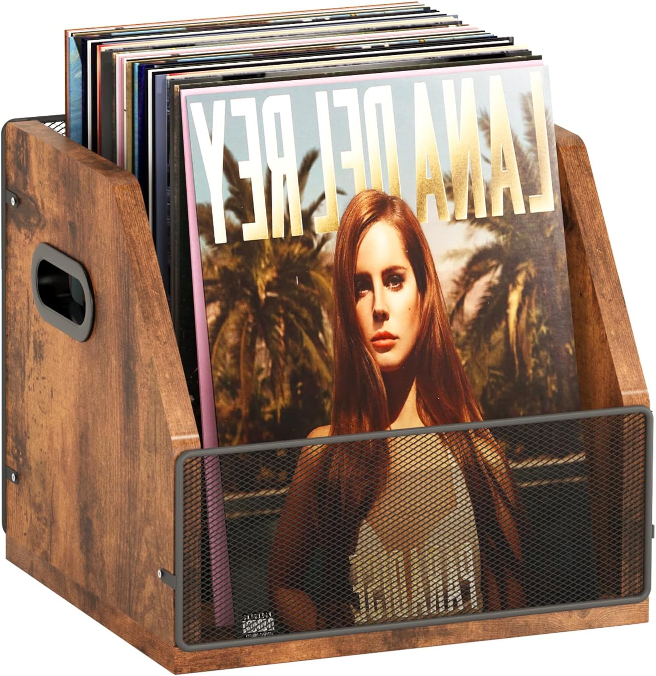 Homeiju Vinyl Record Storage, Record Box Case Crate, Vinyl Record Album Holder, Metal & Wooden LP Record Crate, Holds up to 60 Records