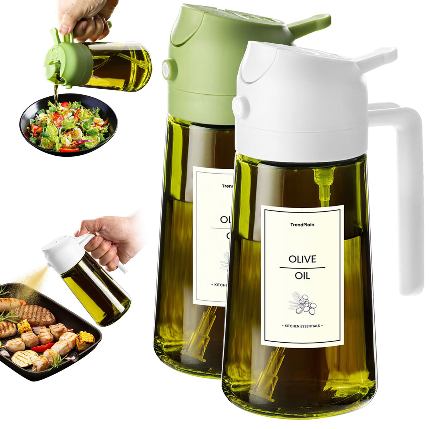 TrendPlain - Original 16oz/470ml Olive Oil Dispenser Bottle for Kitchen Gadgets and Air Fryer Accessories - Olive Oil Sprayer for Cooking w/Stickers - Black&Green