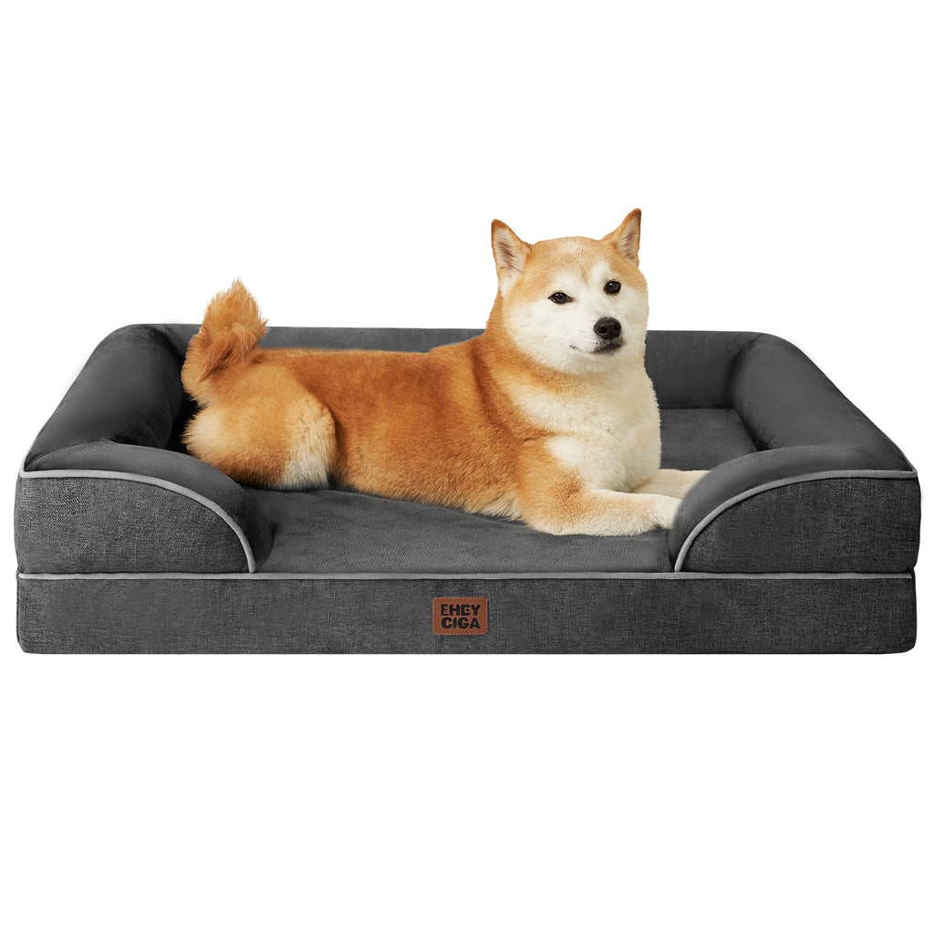 EHEYCIGA Orthopedic Dog Beds Large Sized Dog, Waterproof Memory Foam Pet Bed with Sides, Non-Slip Bottom Large Pet Bed with Washable Removable Cover, Grey