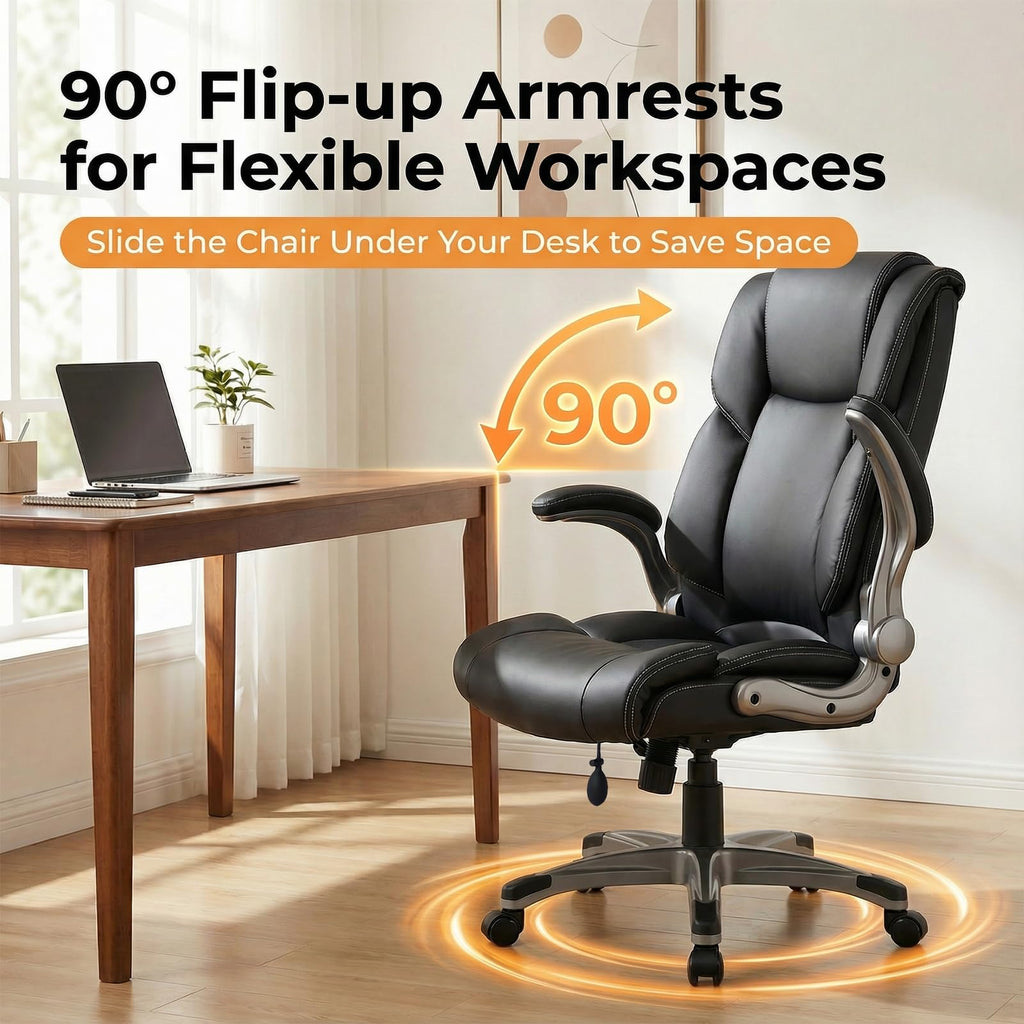 COLAMY High Back Executive Office Chair - Padded Leather Ergonomic Computer Desk Chair with Inflatable Lumbar Support & Flip-Up Arms, Adjustable Tilt Lock Swivel Task Chair for Home Office, Black