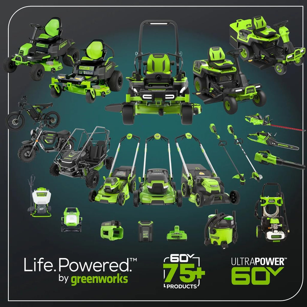 Greenworks 60V 30' Riding Lawn Mower (1.25 Acre, 16 HP Gas Equivalent, 6 MPH, Tow Up to 200 lbs.), (4) 8.0Ah Batteries (1,920 Wh Max) + Turbo Wall Charger