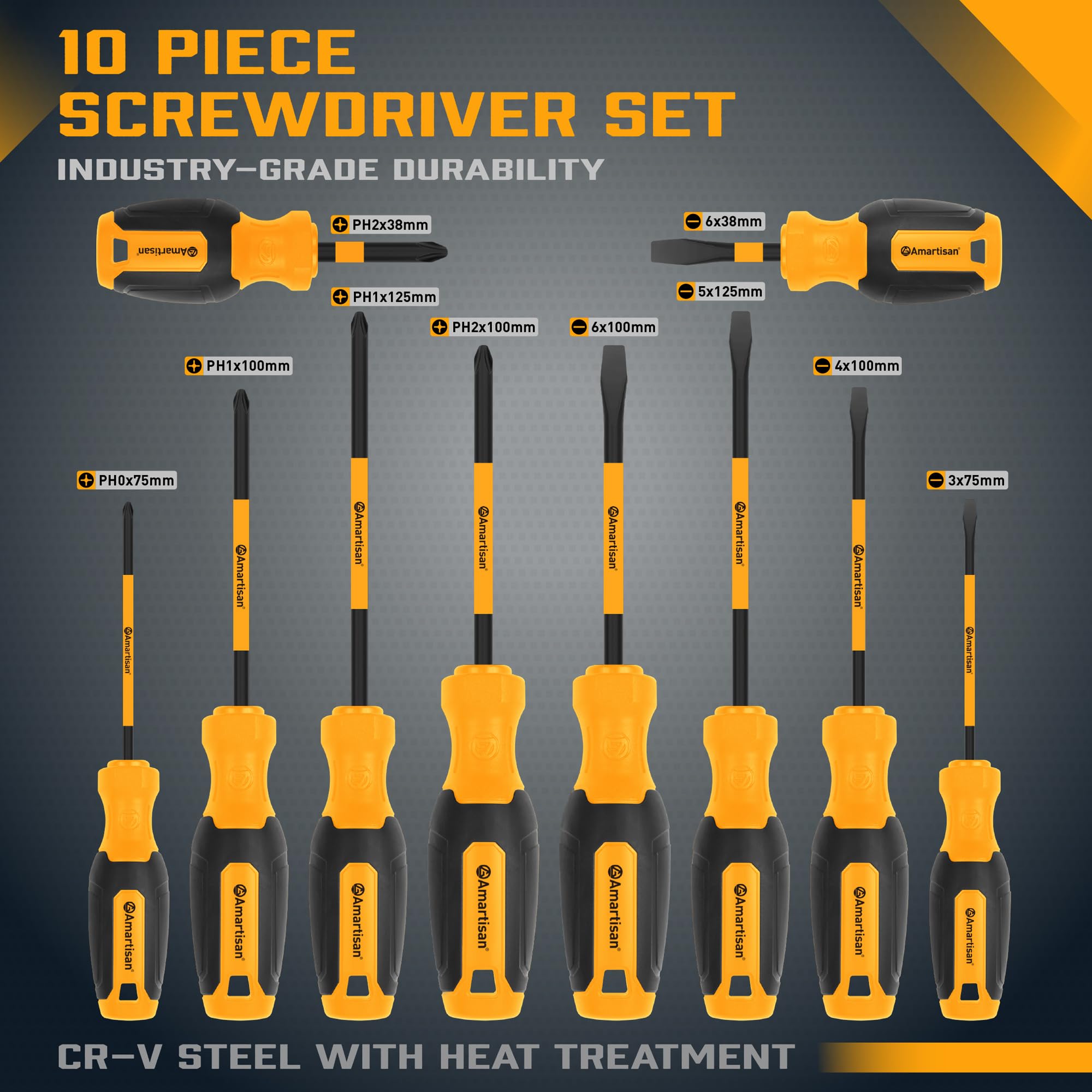 Amartisan 10-Piece Magnetic Screwdrivers Set, 5 Phillips and 5 Slotted Tips Professional Cushion Grip Screwdriver Set 2pcs Portable Multifunction Key Mini Screwdriver (Yellow)