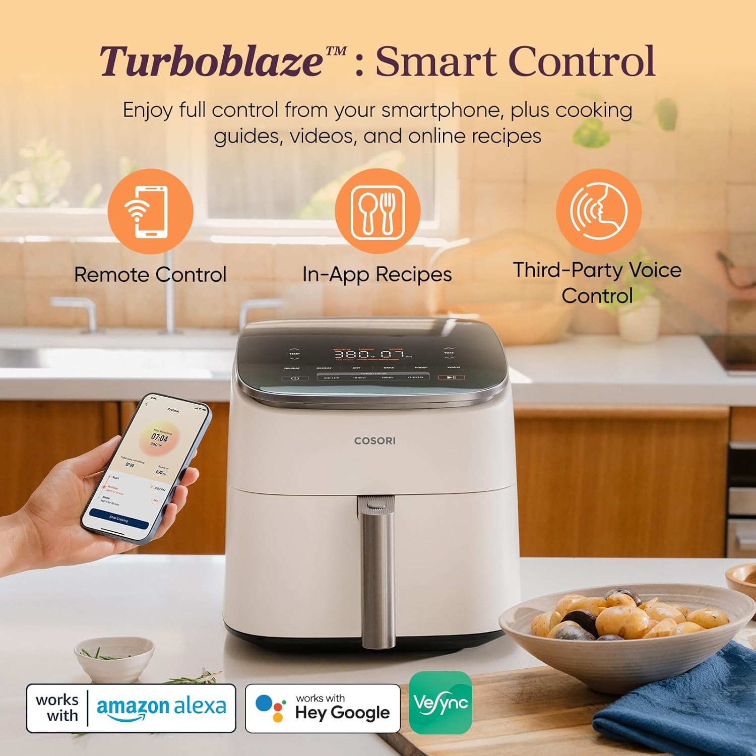 Cosori TurboBlaze Smart Air Fryer 6 Qt, Shake Reminders, 9-in-1, Cream