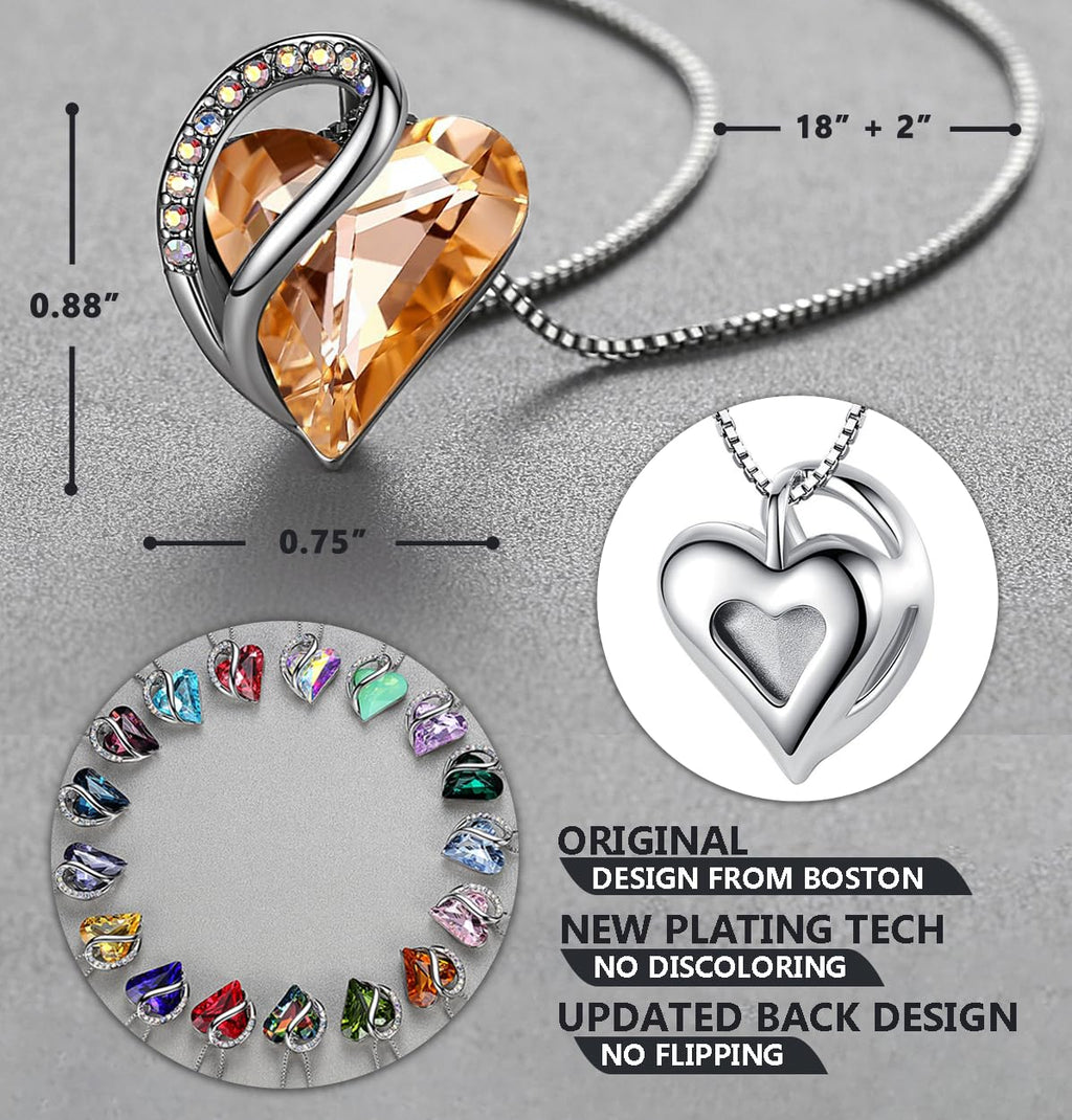 Leafael Gift Necklaces for Women, Infinity Love Birthstone Heart Crystal Pendant, Birthday Anniversary Jewelry for Wife, Mom, and Her, Silver Plated, 18" + 2" Adjustable Chain
