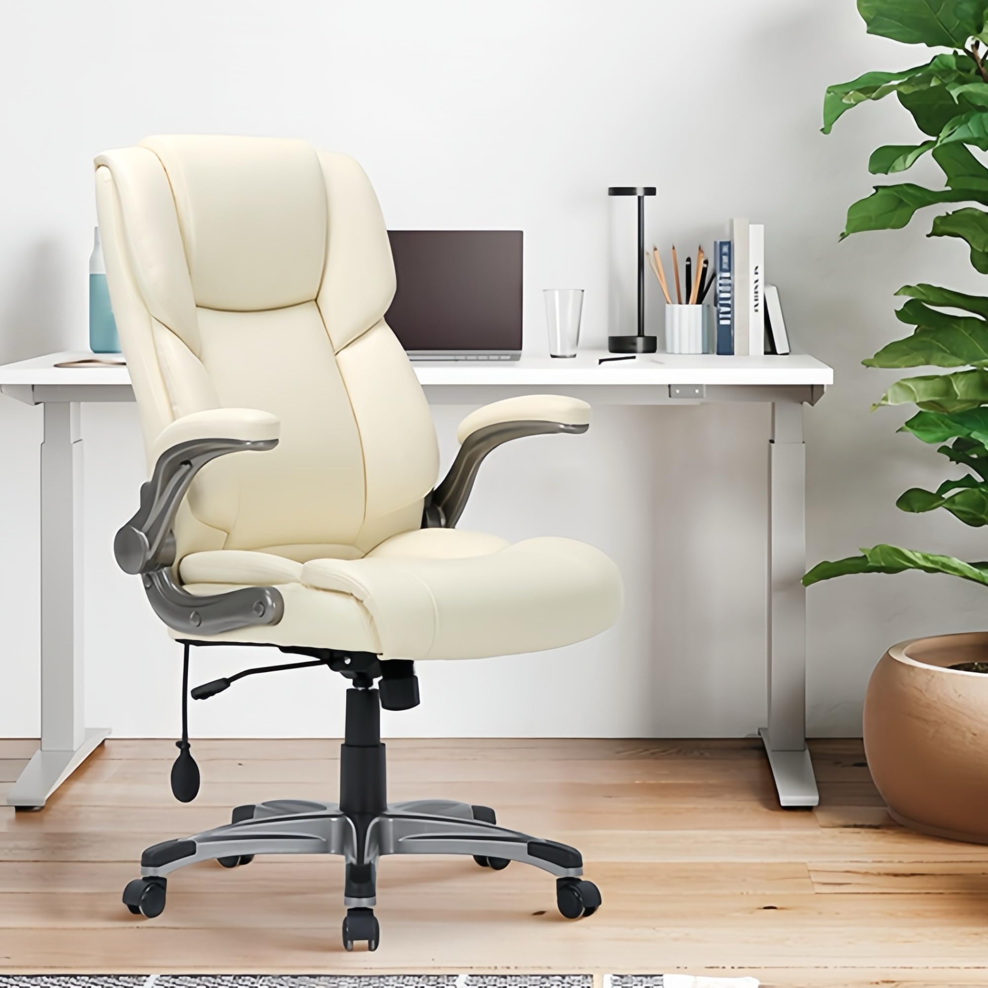 COLAMY High Back Executive Office Chair - Padded Leather Ergonomic Computer Desk Chair with Inflatable Lumbar Support & Flip-Up Arms, Adjustable Tilt Lock Swivel Task Chair for Home Office, Black