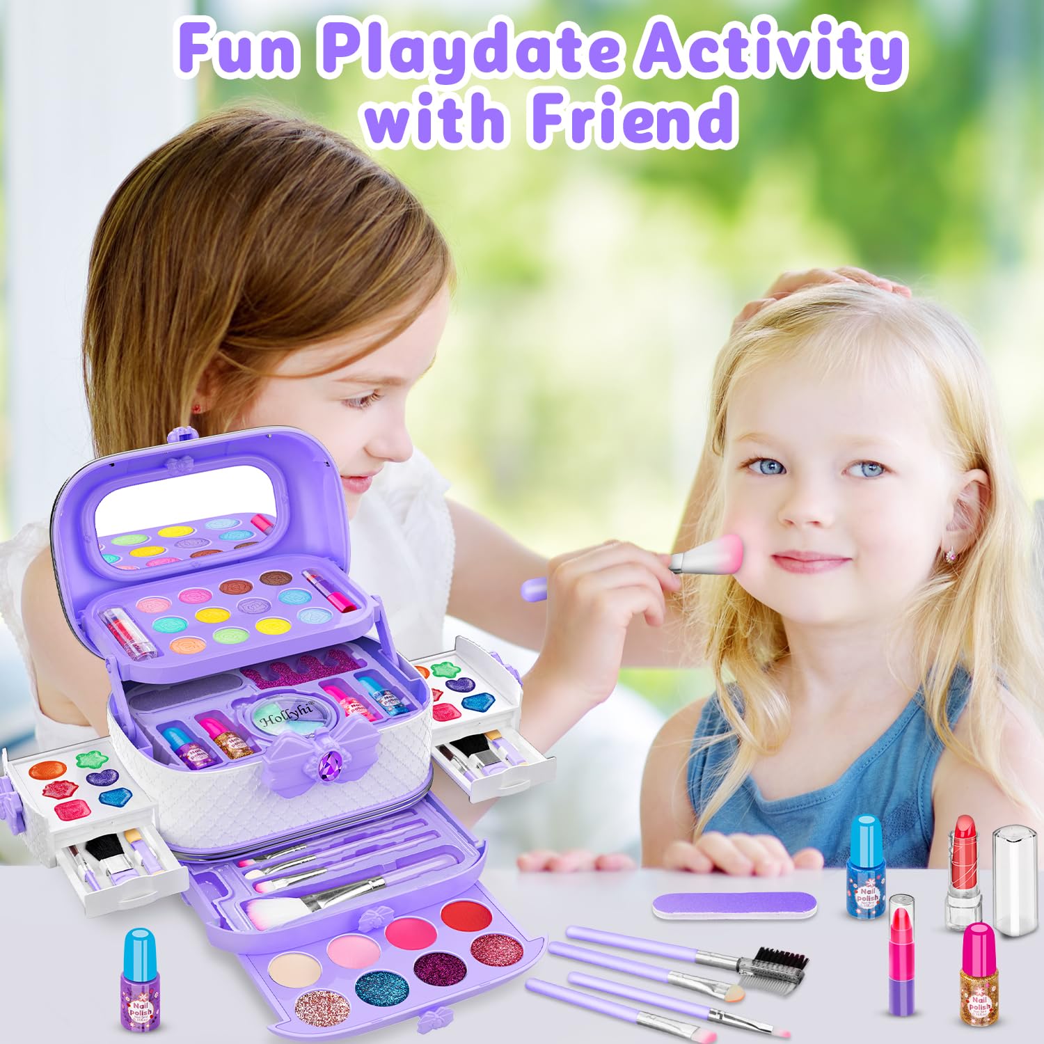 Hollyhi 58 Pcs Kids Makeup Toys Kit for Girls, Real Washable Make Up Set