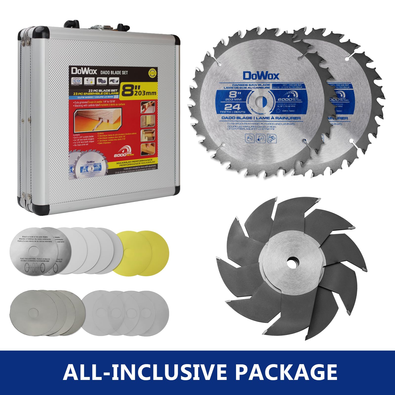 10" Carbide Stacked Dado Saw Blade Set, Pro Dado Set for Fine Finished Cuts, Grooves, Dados and Rabbets, 24 Tooth with 5/8" Bore, 23 Pieces