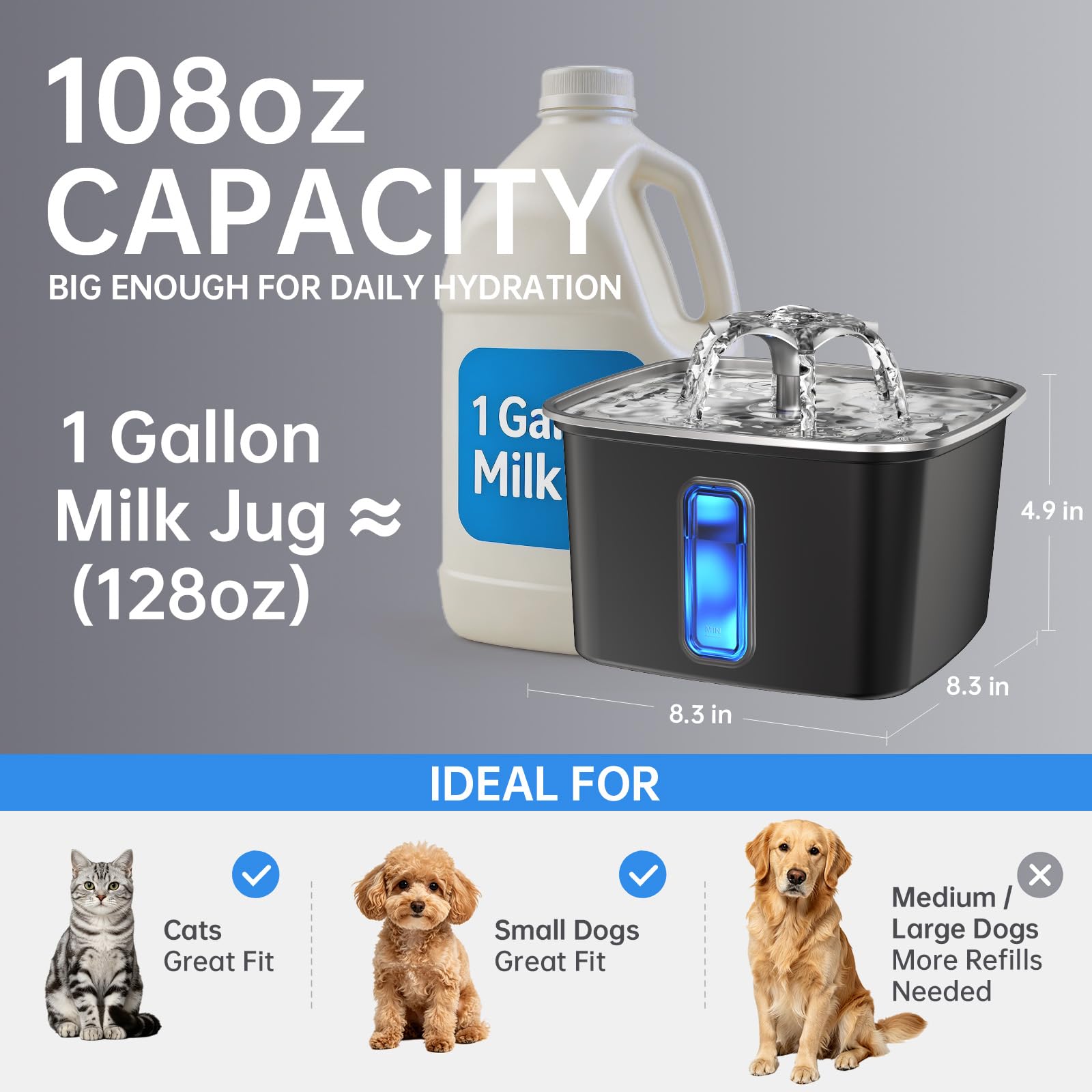 Veken Innovation Award Winner Stainless Steel Cat Water Fountain, 108oz
