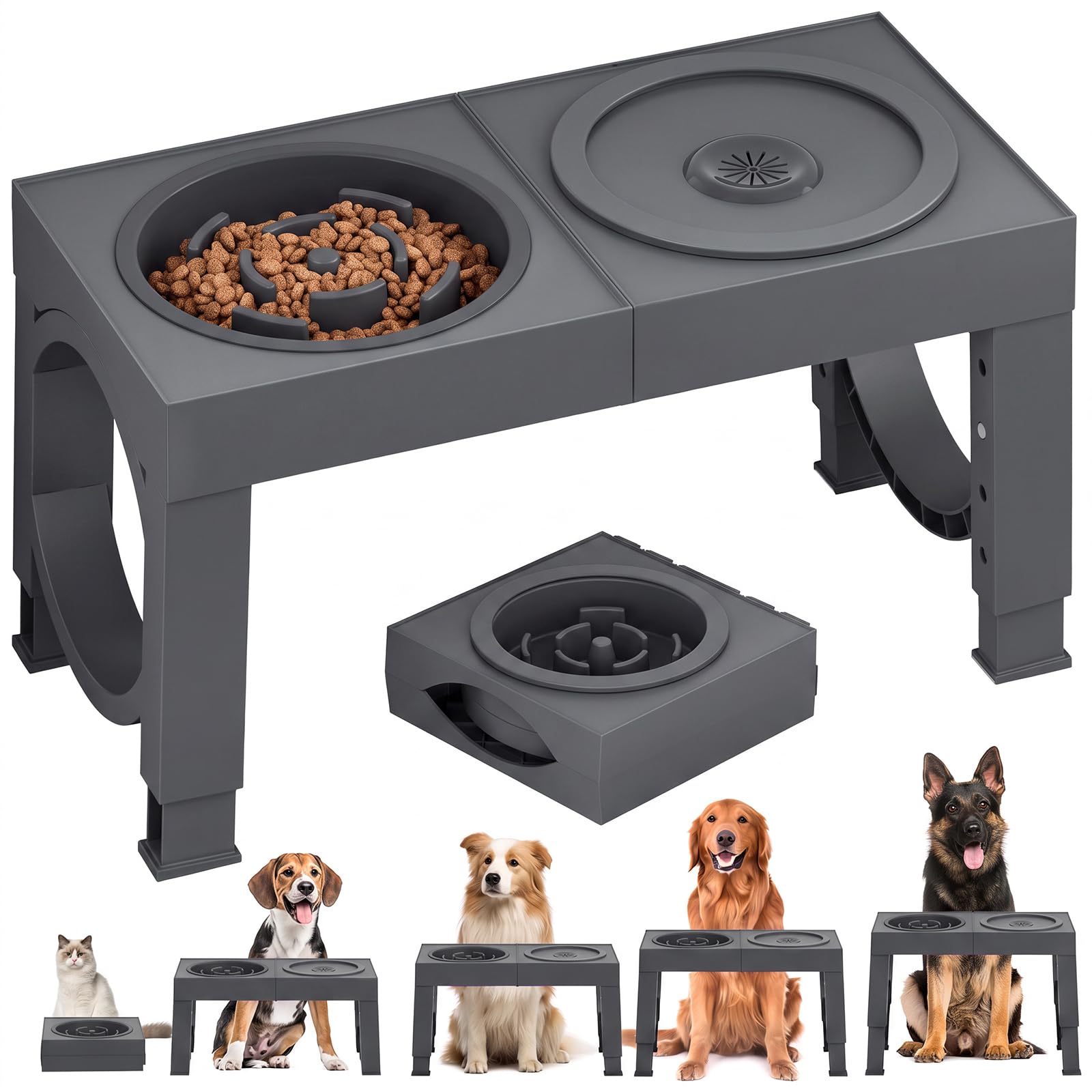 XIAZ Elevated Dog Bowls Large Breed Raised Dogs Bowl Stand Large/Medium Sized Dog Stainless Steel Food Water Bowl Stands 5 Heights Adjustable 9/11/12/14in Black Pet Feeder Dish Station