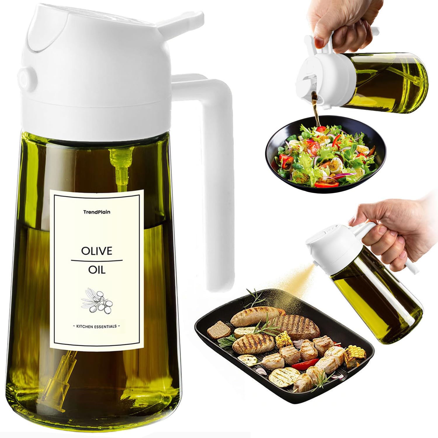 TrendPlain - Original 16oz/470ml Olive Oil Dispenser Bottle for Kitchen Gadgets and Air Fryer Accessories - Olive Oil Sprayer for Cooking w/Stickers - Black&Green