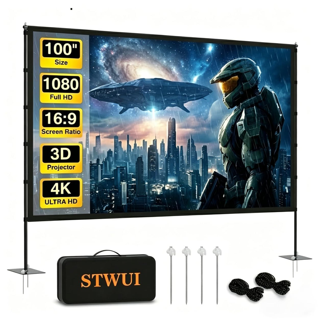 STWUI Outdoor-Projector-Screen-with-Stand - 120 inch Portable Projector Screen Indoor Outdoor Projector Screens 16:9 4K HD Lightweight Movie Screen with Carry Bag for Backyard Movie Night