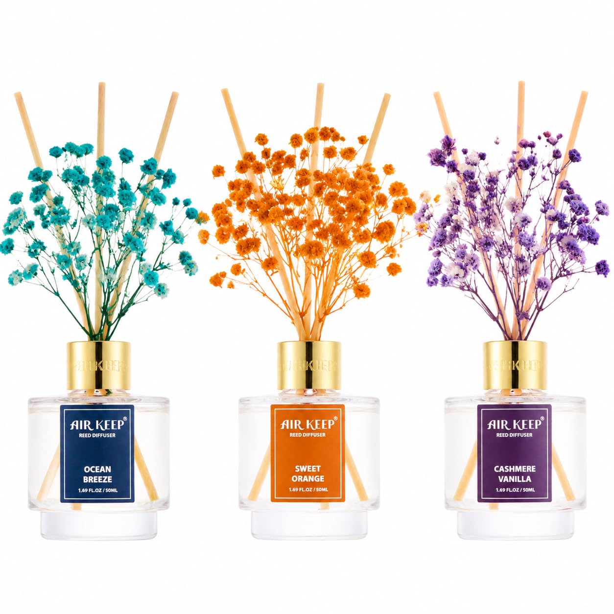 Airkeep Reed Diffuser Set of 3,Clean Linen Ocean Mist&Sea Salt Lavender Eucalyptus Oil Reed Diffusers for Bedroom Living Room Office Aromatherapy Oil Reed Diffuser for Gift 50ml x 3
