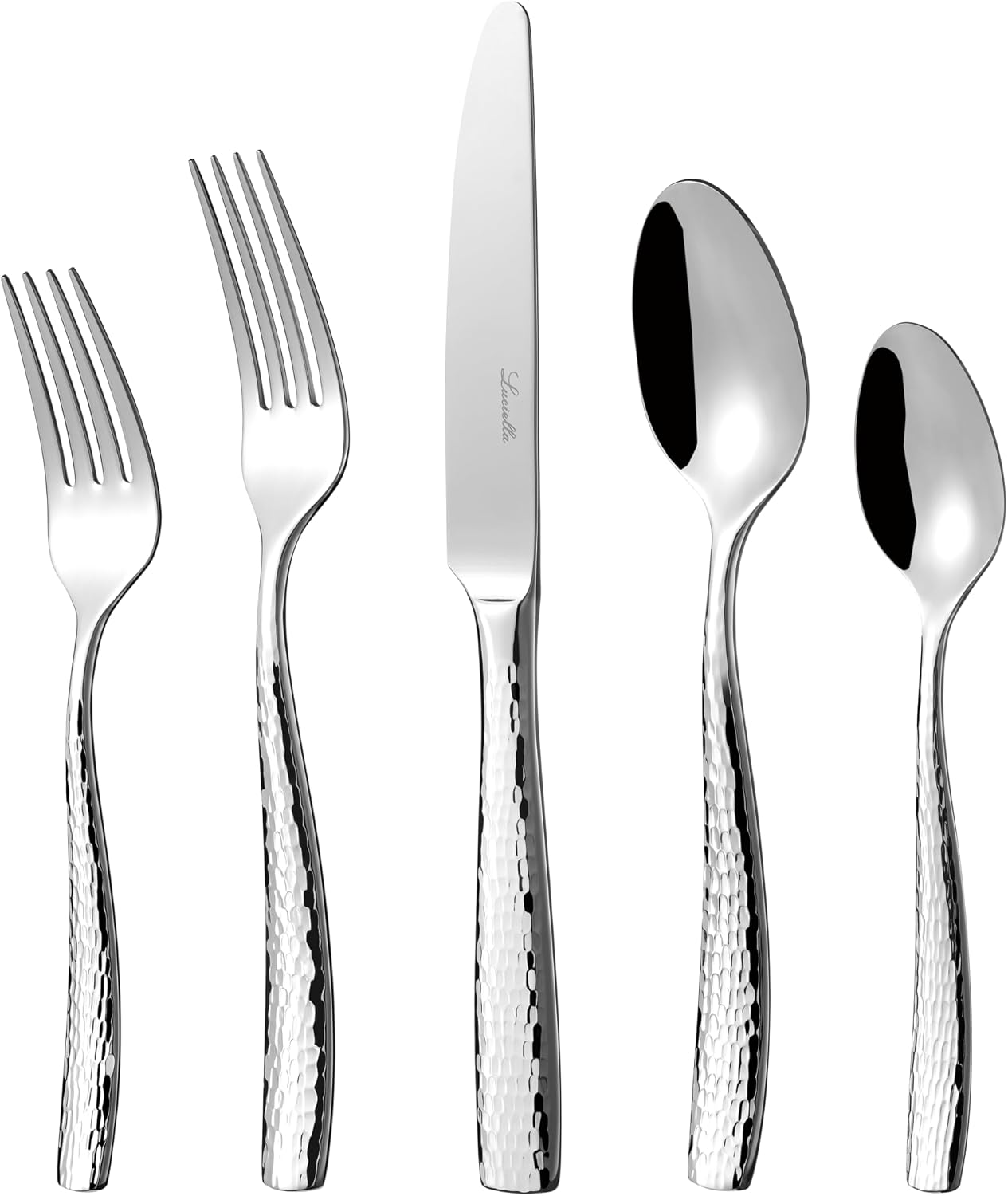 LUCIELLA 45-Piece Hammered 18/10 Forged Silverware Set and serving utensils