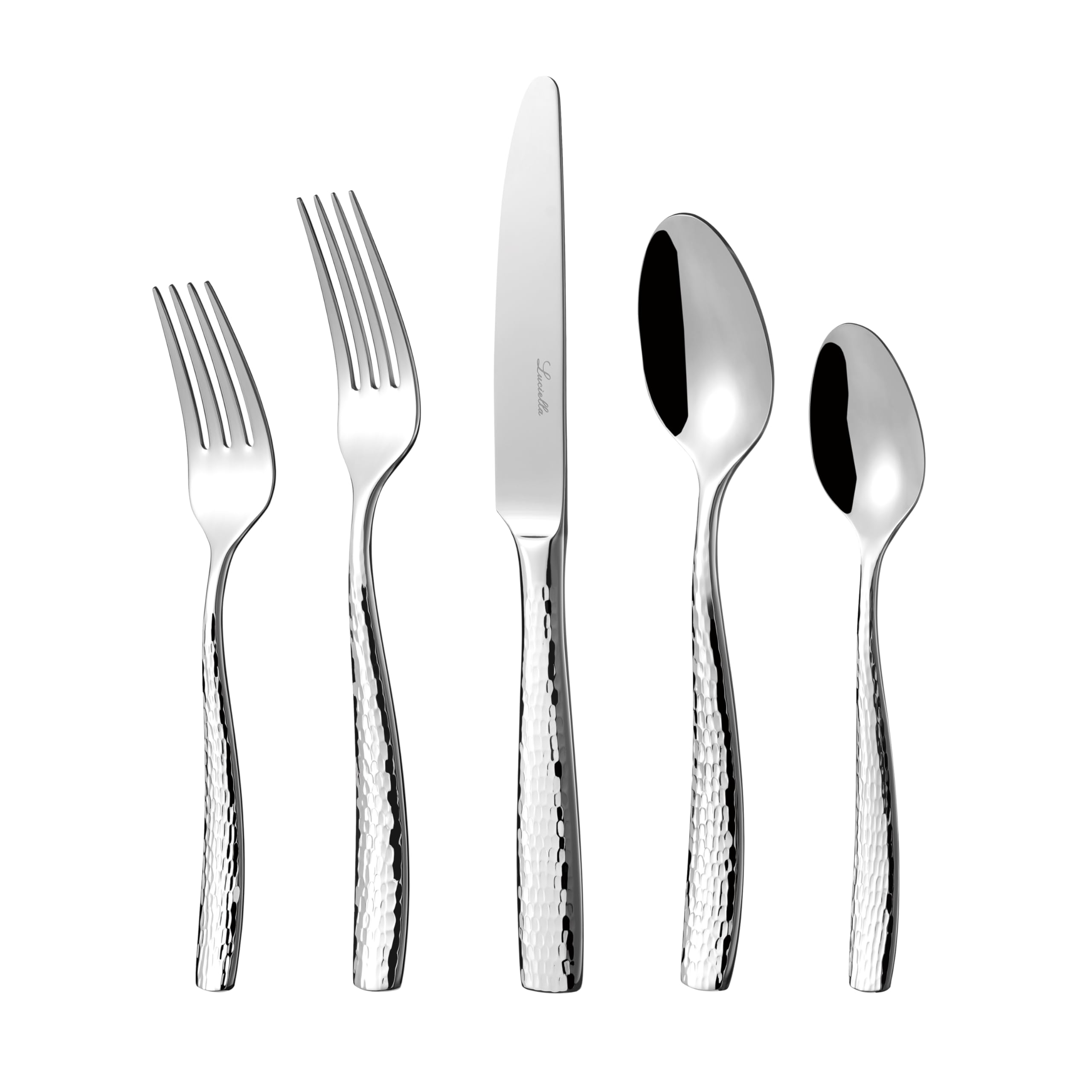 LUCIELLA 45-Piece Hammered 18/10 Forged Silverware Set and serving utensils
